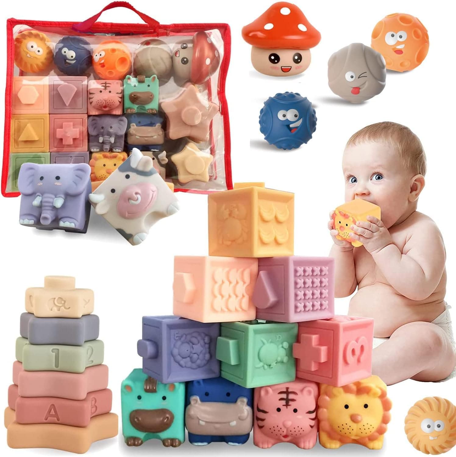 Soofam Montessori Toys Soft Stacking Building Blocks Rings Balls Sets 4 in 1 Educational Learning Baby Toys Teething Chewing Toy, Squeeze Sensory Toy, Newborn Baby Bath Toy for Infants 0-3 Years Old