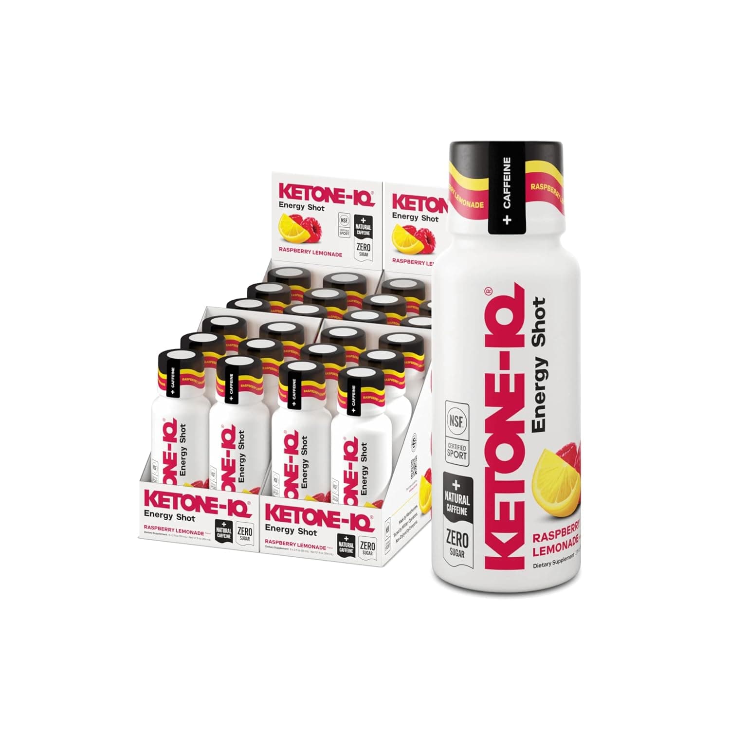Ketone-IQ Caffeine Ketone Shots for Focus, Raspberry Lemonade, 24 Pack | 5g exogenous ketones, 100mg green tea caffeine, B vitamins. Clean energy shot for focus, endurance and recovery. Sugar free.