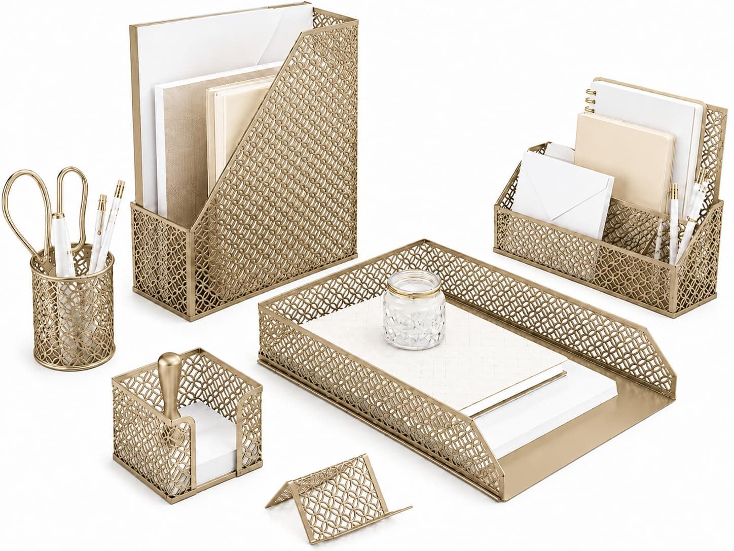 Blu Monaco 5 Piece Cute Gold Desk Organizer Set - Desk Organizers and Accessories for Women - Cute Office Gold Desk Accessories - Desktop Organization