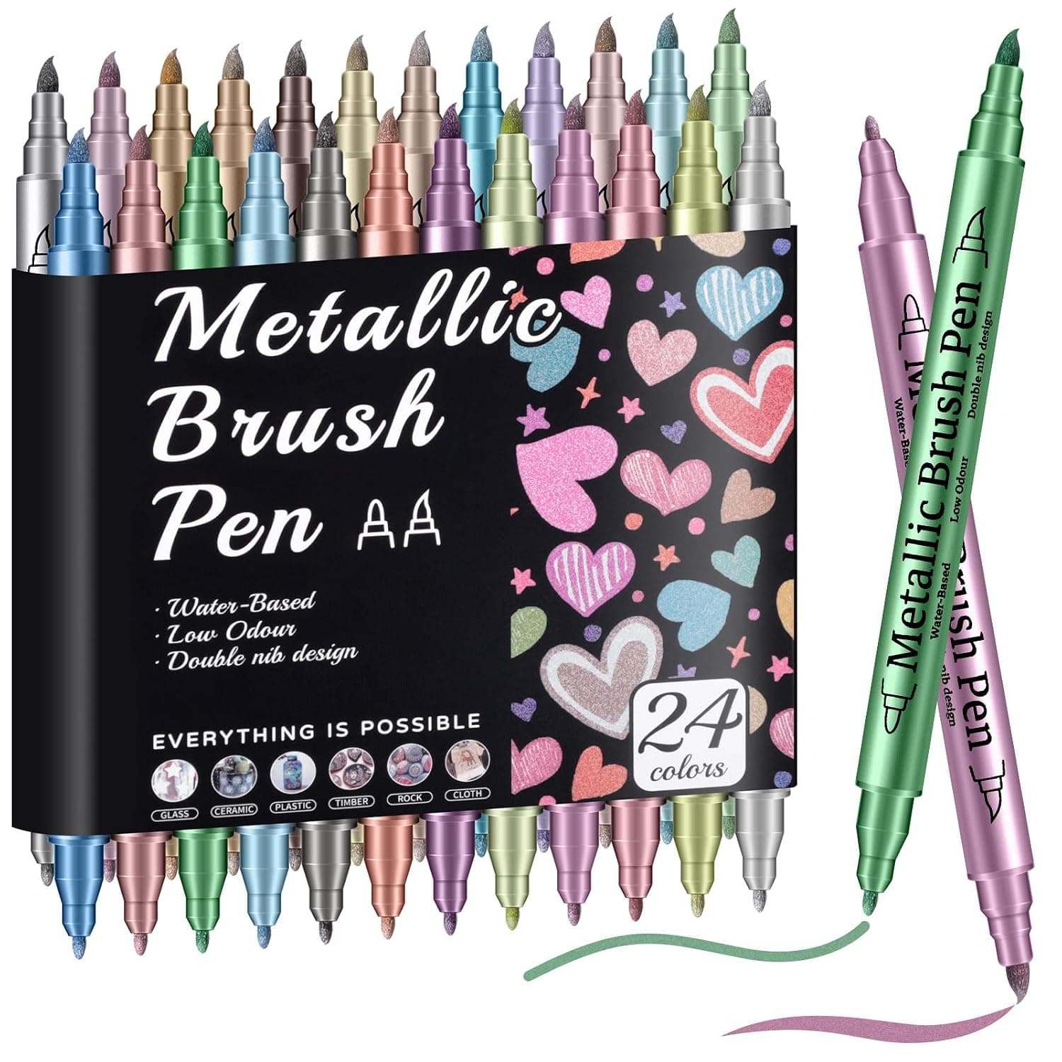 Prudiut 24 Metallic Markers, Dual Tip Acrylic Paint Pens | 24 Metallic Colors, Water-Based, Quick-Dry, Low Odor, for Black Paper, Rock, Wood, Glass, Canvas And Crafts