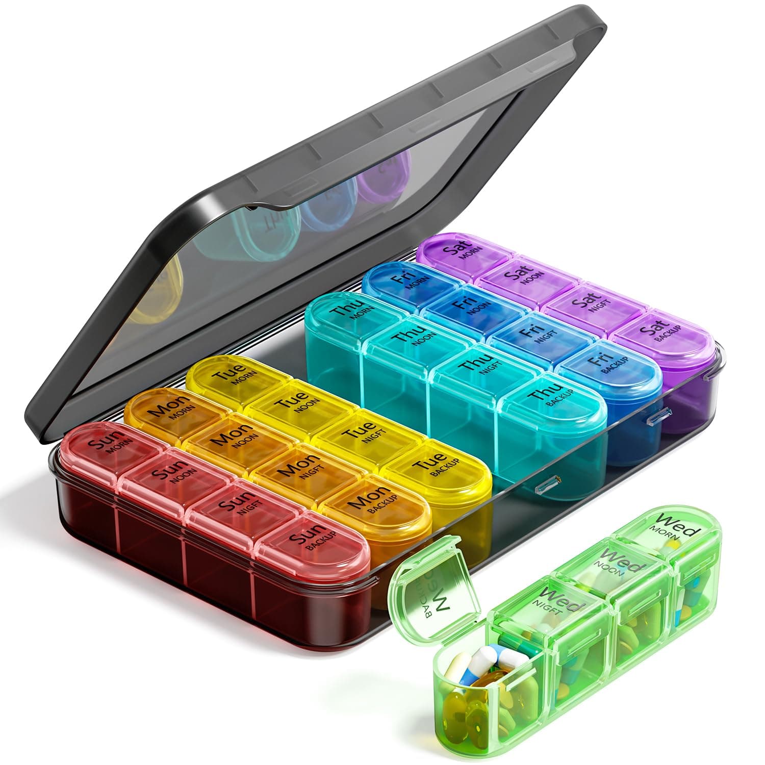 Odaro Weekly Pill Organizer 4 Times A Day, Daily Pill Box 7 Day, Black | Large Travel Case 28 Compartment, Holds Meds Vitamins Supplements, Removable Slots, Clear Elderly Marks, Tight Snap Leakproof