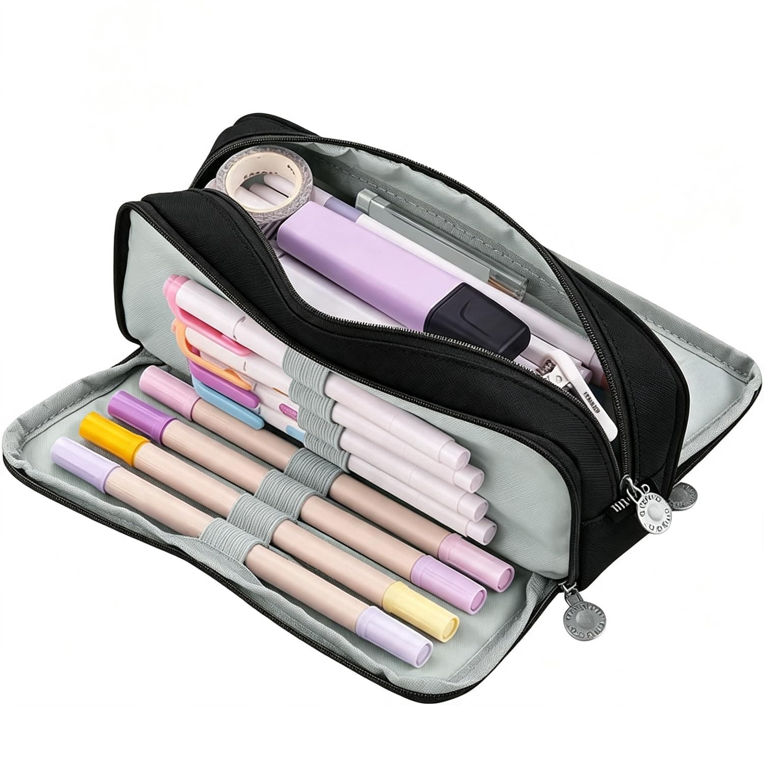 Large Capacity Pencil Case, Yakiter 3 Compartment Pouch Pen Bag, Stationery Organizer with Zipper for School Teen Girl Boy Gift for Office School (Black)