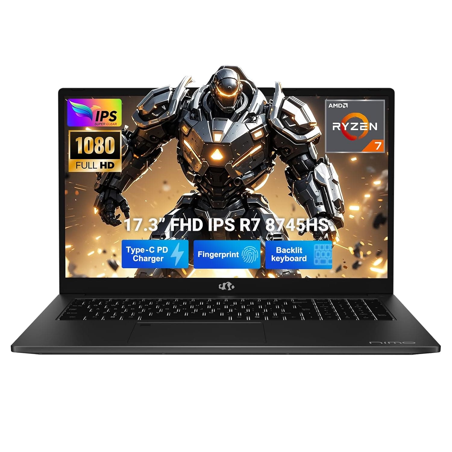 NIMO 17.3" Light-Gaming-Laptop, Ryzen 7 8745HS 8-Core up to 4.9GHz, 64GB DDR5 RAM 1TB SSD, Radeon 780M Graphics, FHD IPS Display, 100W USB-C Fast Charger, Backlit Keyboard, Fingerprint, USB 4.0
