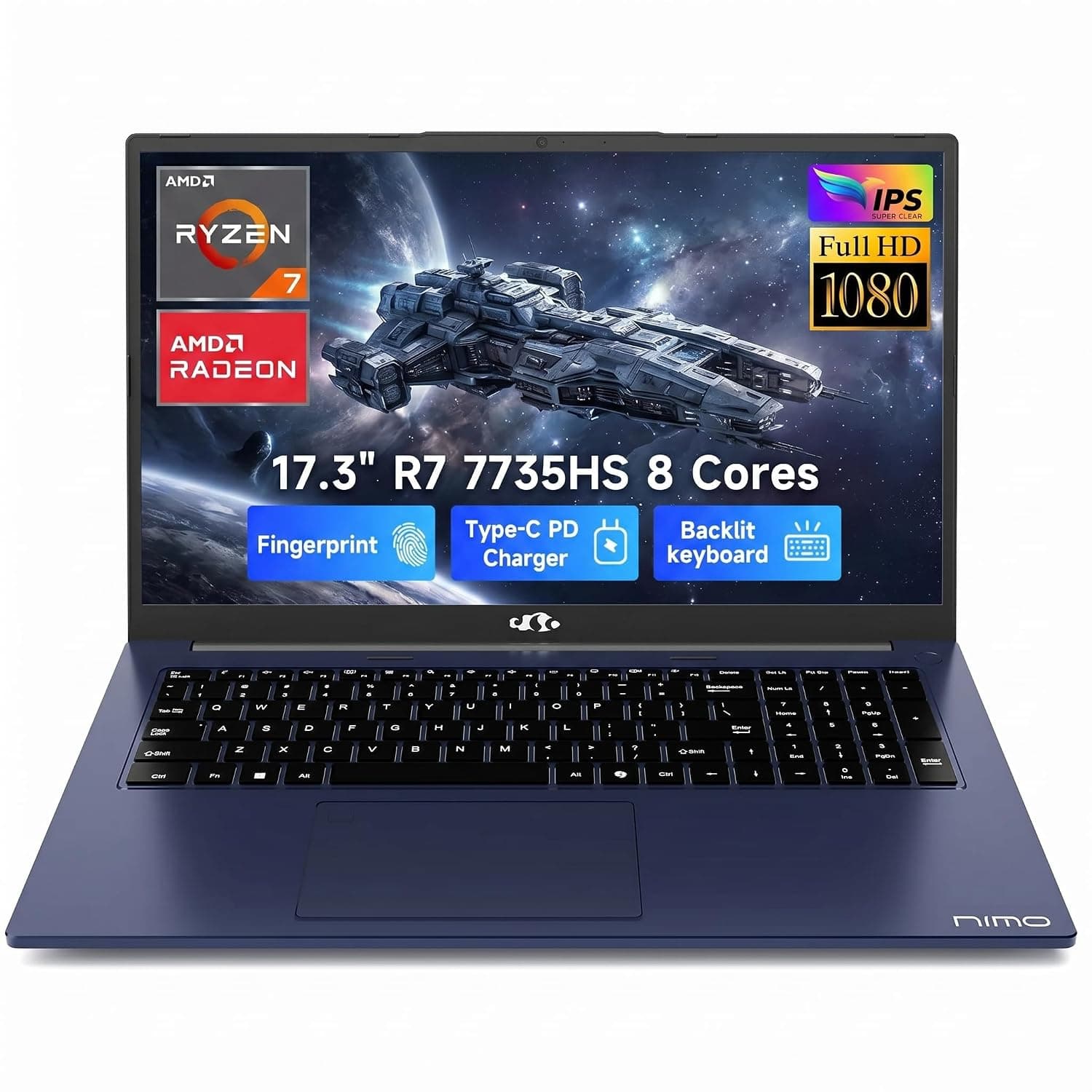 NIMO 17.3" Light-Gaming-Laptop, 8 Cores R7 7735HS (up to 4.75GHz, Beat i7 12650H) 32GB DDR5 RAM 1TB SSD Radeon 680M IPS FHD Computer with Viewing Wi-Fi 6E 100W Type-C 180°