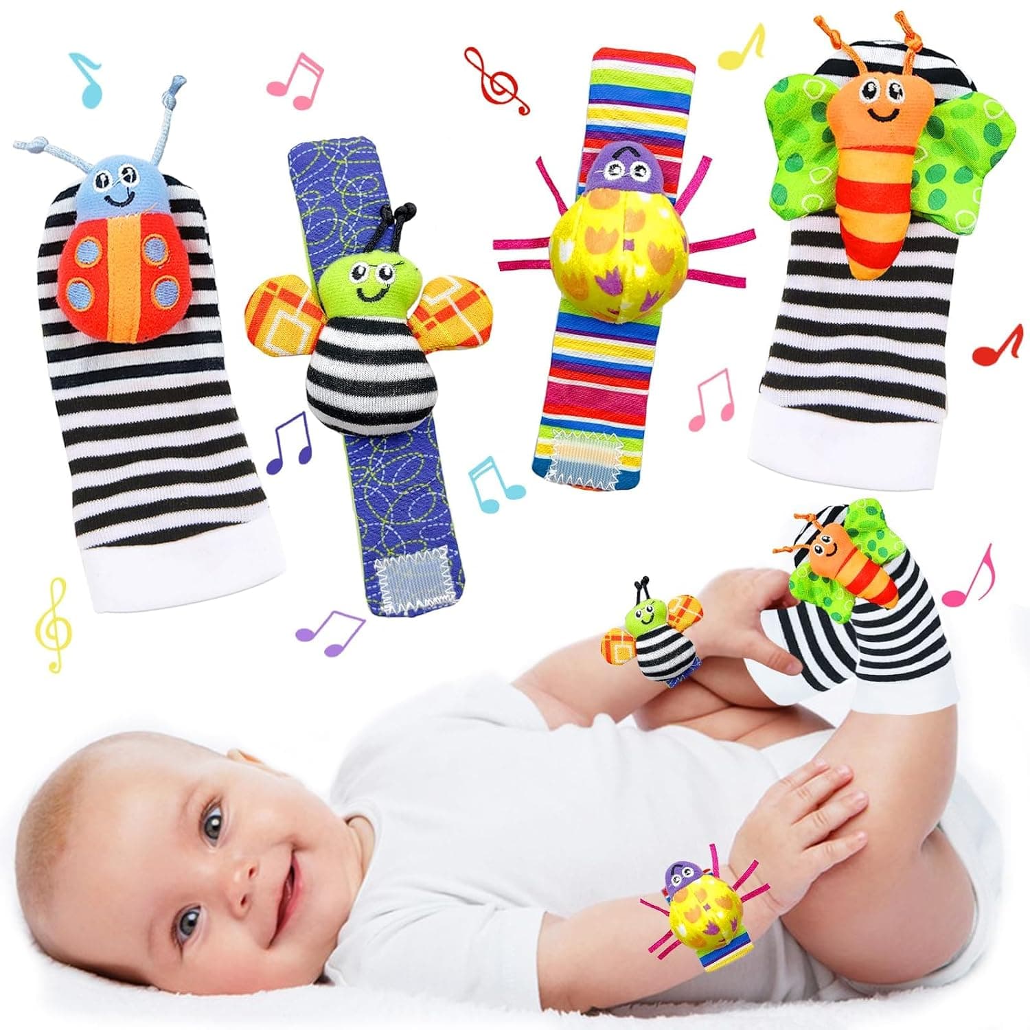Mumoo Bear Baby Rattle Socks & Wrist Toys Infant Wrist Rattles and Foot Rattles Newborn Hand & Foot Toys Arm Hand Bracelet Rattle Foot Finder Socks Baby Toys for 0-6, 6-12 Months Newborns Shower Gift