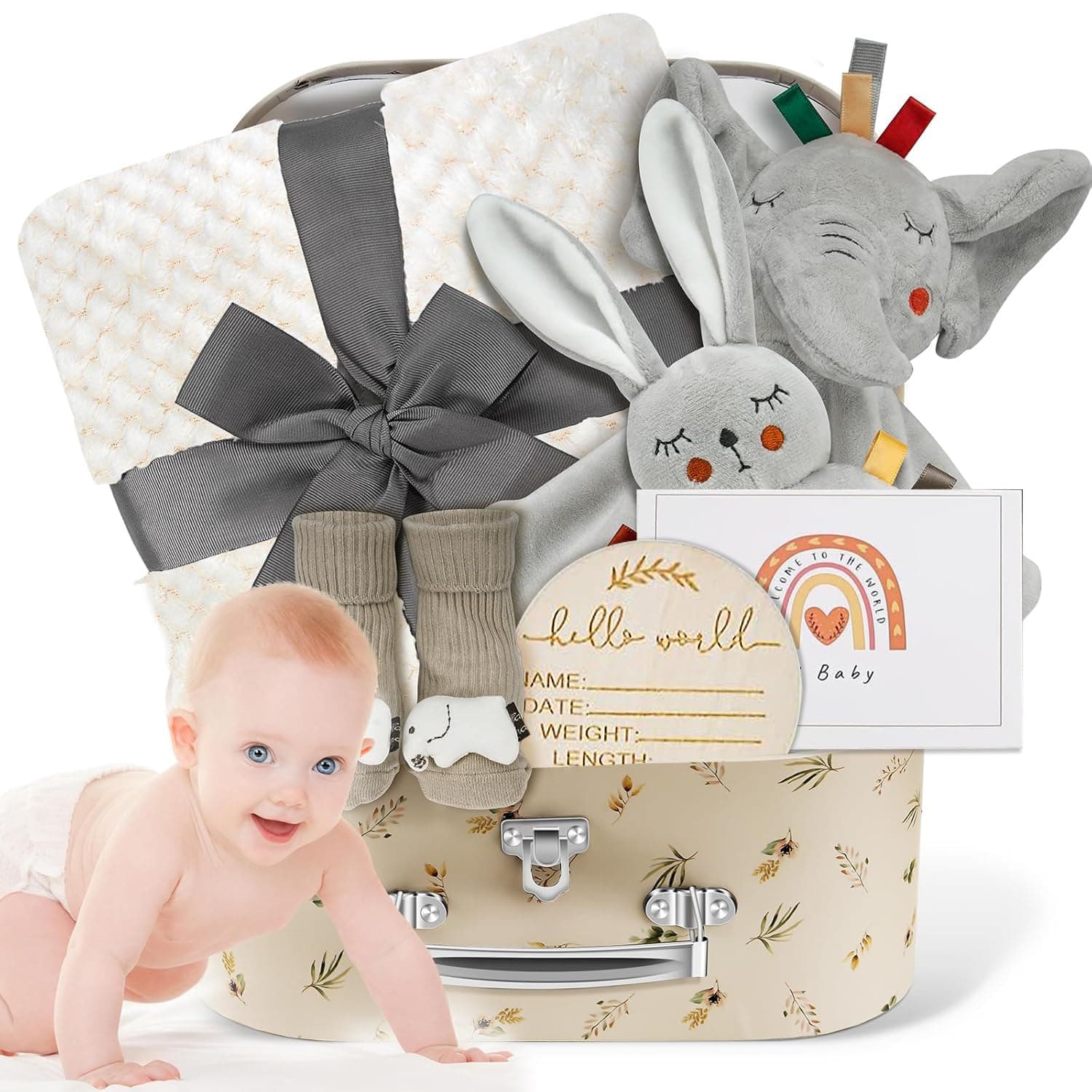 Newborn Baby Gift Basket Baby Boy Gift Basket, Newborn Essentials for New Baby Gifts Basket Set with Baby Blanket, Bunny Rattle, Elephant Security Blanket, Baby Socks, Wooden Announcement Sign