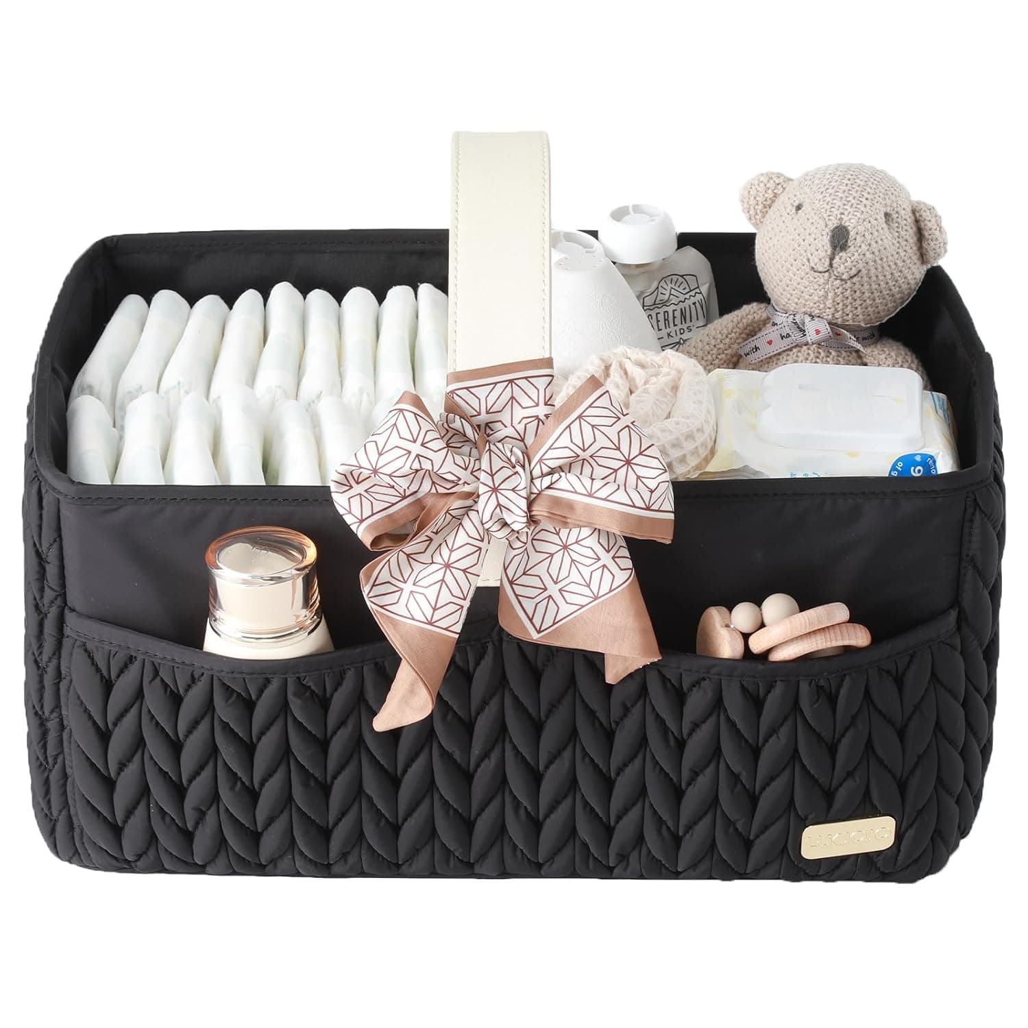 Luxurious Baby Diaper Caddy, Nursery Storage Basket for Newborn Essentials, Travel Baby Basket for Diapers Baby Wipes, Organizer Tote Bag Storage Bin, Baby Shower Gifts(Black)