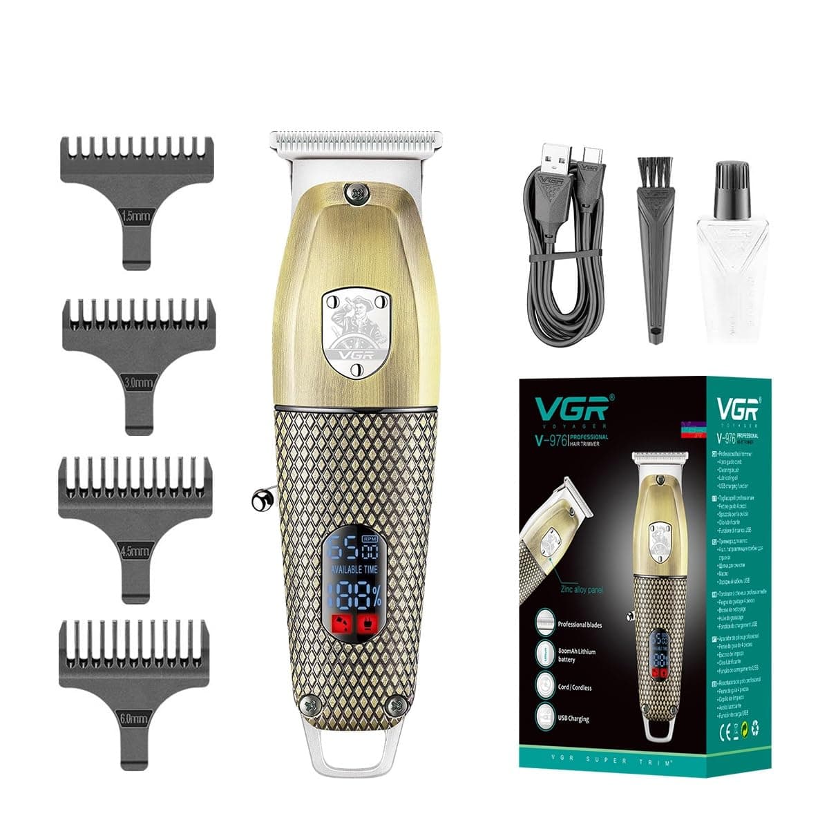 Vgr V-976 Professional Rechargeable Cordless 6500 Rpm 150 Mins Runtime Haircut Hair Clipper Beard Trimmer Digital Display & Hanging Loop Stainless Steel Blade Usb Charging Cable 4 Guide Combs (Gold)