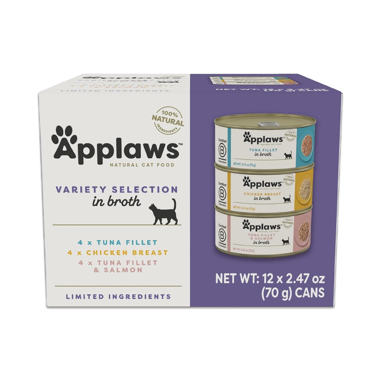 Applaws Natural wet food for cats in cans, made with limited and natural ingredients, real protein without artificial additives, assortment pack in broth (12 x 70 g