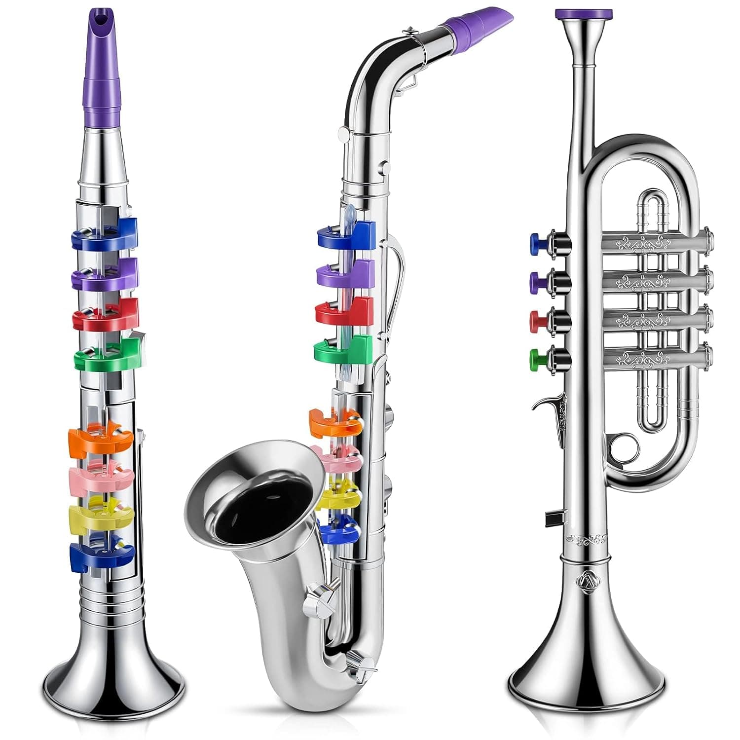 Music Instruments Set, 3 Pcs Include Trumpet and Saxophone Plastic Trumpet Portable Clarinet with Colored Keys Educational Toy for Home School Musical Gifts (Silver Finish)