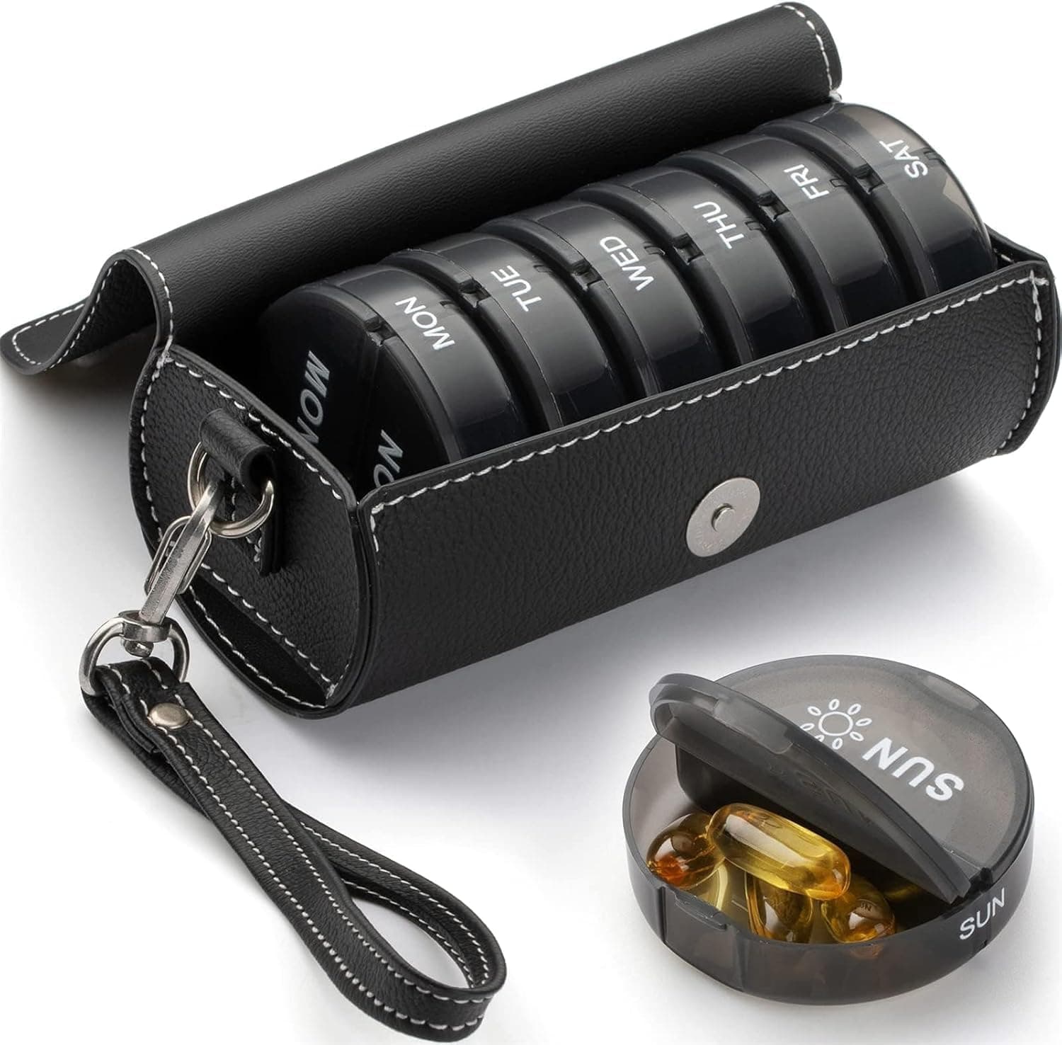 X spring Pill Organizer 2 Times a Day, Large AM PM Weekly Pill Box with 7 Detachable Containers and PU Leather Case, Portable Travel Medication Organizer for Vitamins Fish Oil Supplements