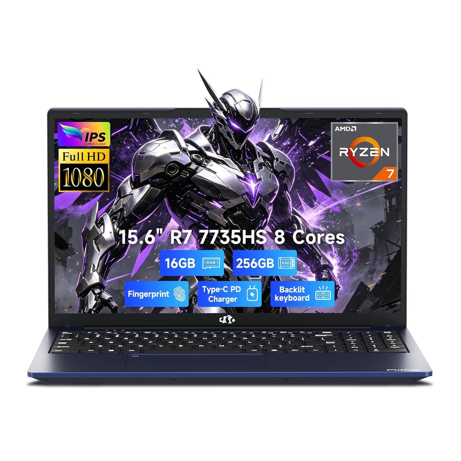 Nimo Gaming Laptop, Ryzen 7 7735HS (8-Core Beats i7-12650H), 16GB DDR5 256GB SSD, 100W PD, Radeon 680M 15.6" FHD Backlit KB Fingerprint Computer for Business Gaming College School