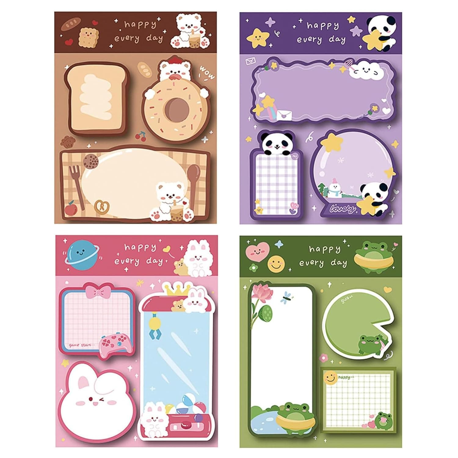 4 Pack Cute Sticky Notes Cartoon Animal Memo Pads | Kawaii Self-Stick Notes | Small Adhesive Notepads for Office, School & Home