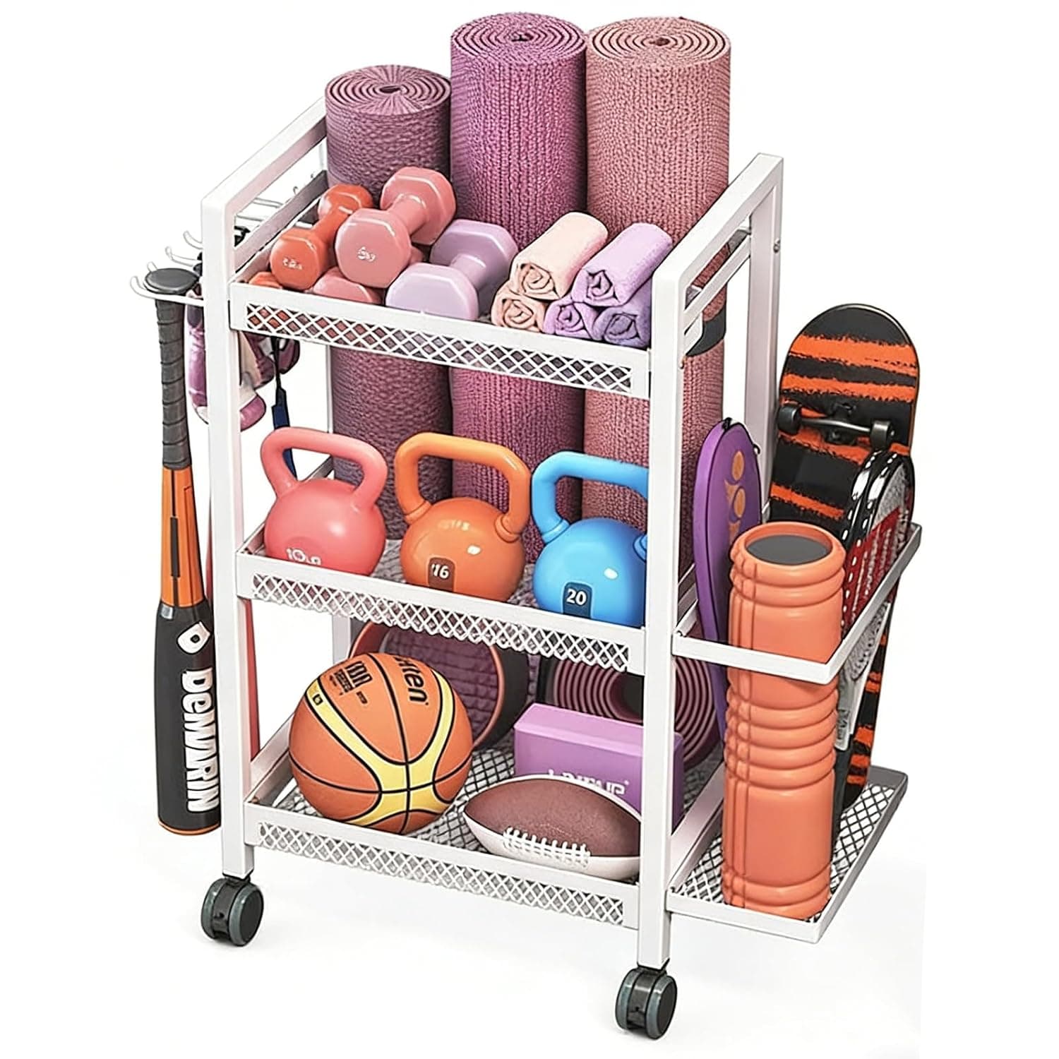 Beauenty Home Gym Exercise Equipment Storage Rack, Large Capacity Dumbbell Racks, Yoga Mat Organizer with Hooks and Wheels for Kettlebells, Balls, Rackets, Yoga Supplies, Skateboarding