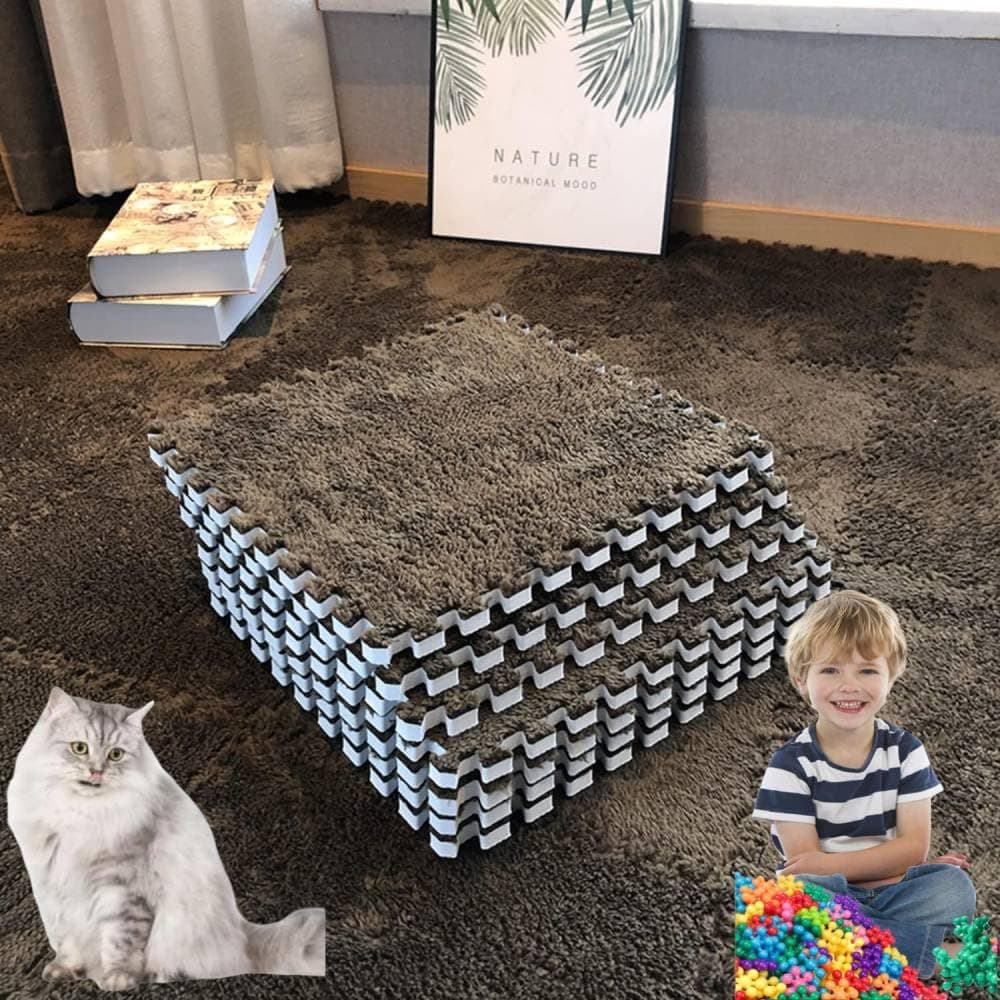Interlocking Carpet Soft EVA Foam Mats with Borders Fluffy Rugs Protective Floor Tiles Exercise Play Mats for Children Kids Room Home Parlor Bedroom (Coffee, 24PCS)