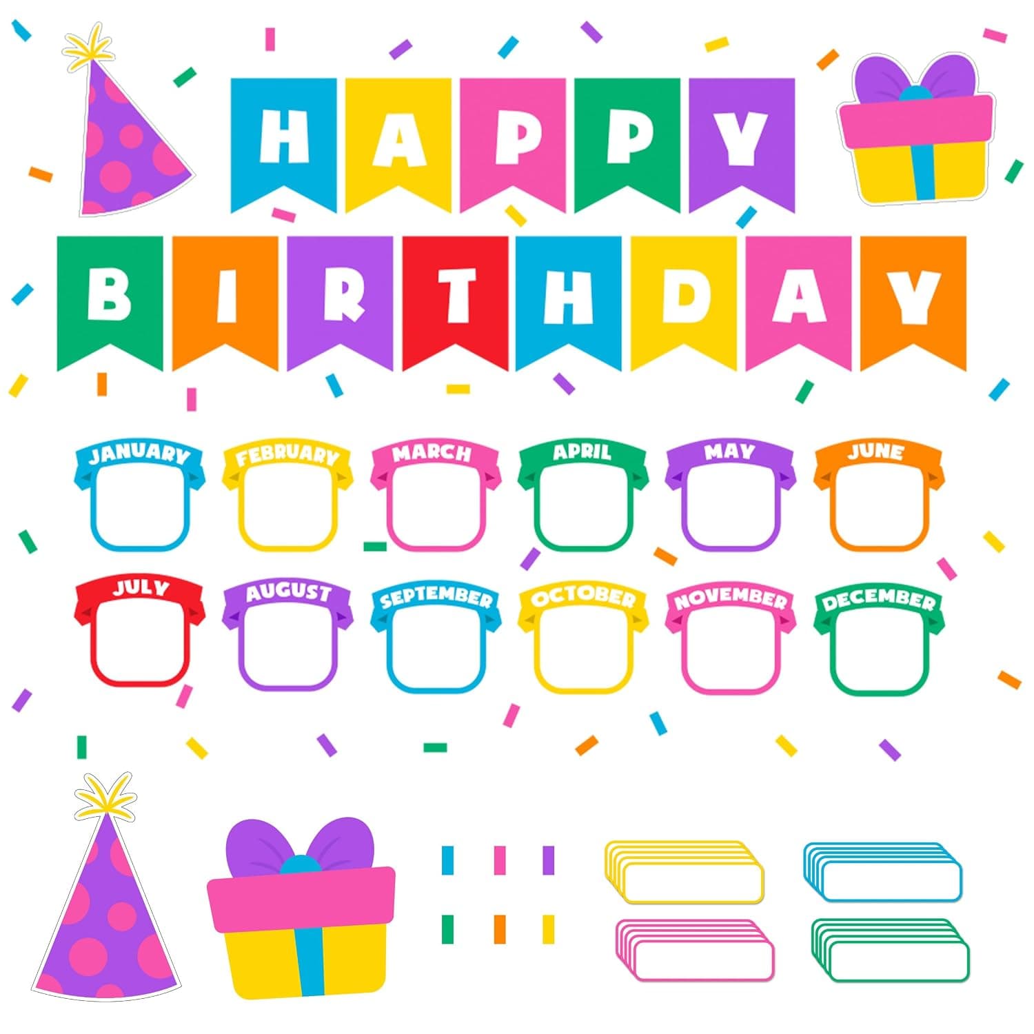 Decorably 89 Pcs Cutouts Confetti Happy Birthday Bulletin Board Decorations Set with Borders - Gloss-Laminated Cardstock, Easy-to-Write-on & Erase, for Classroom, School Hallways, Education Centers