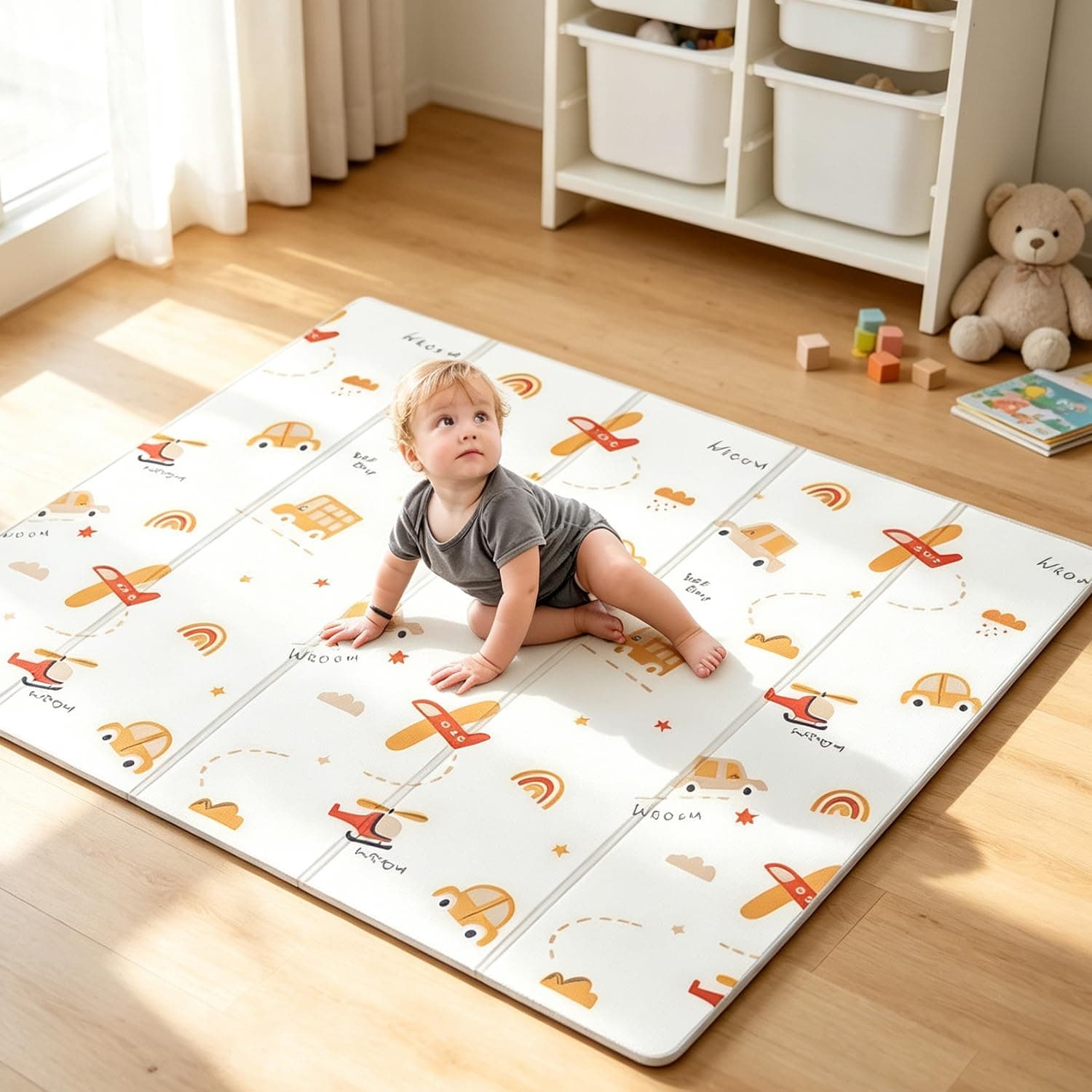 Baby Play Mat 180x200x1CM Folding Baby Crawling Mat Foldable Reversable Foam Playmat Mat for Floor Waterproof Anti-Slip for Infant Toddler Kids (F)