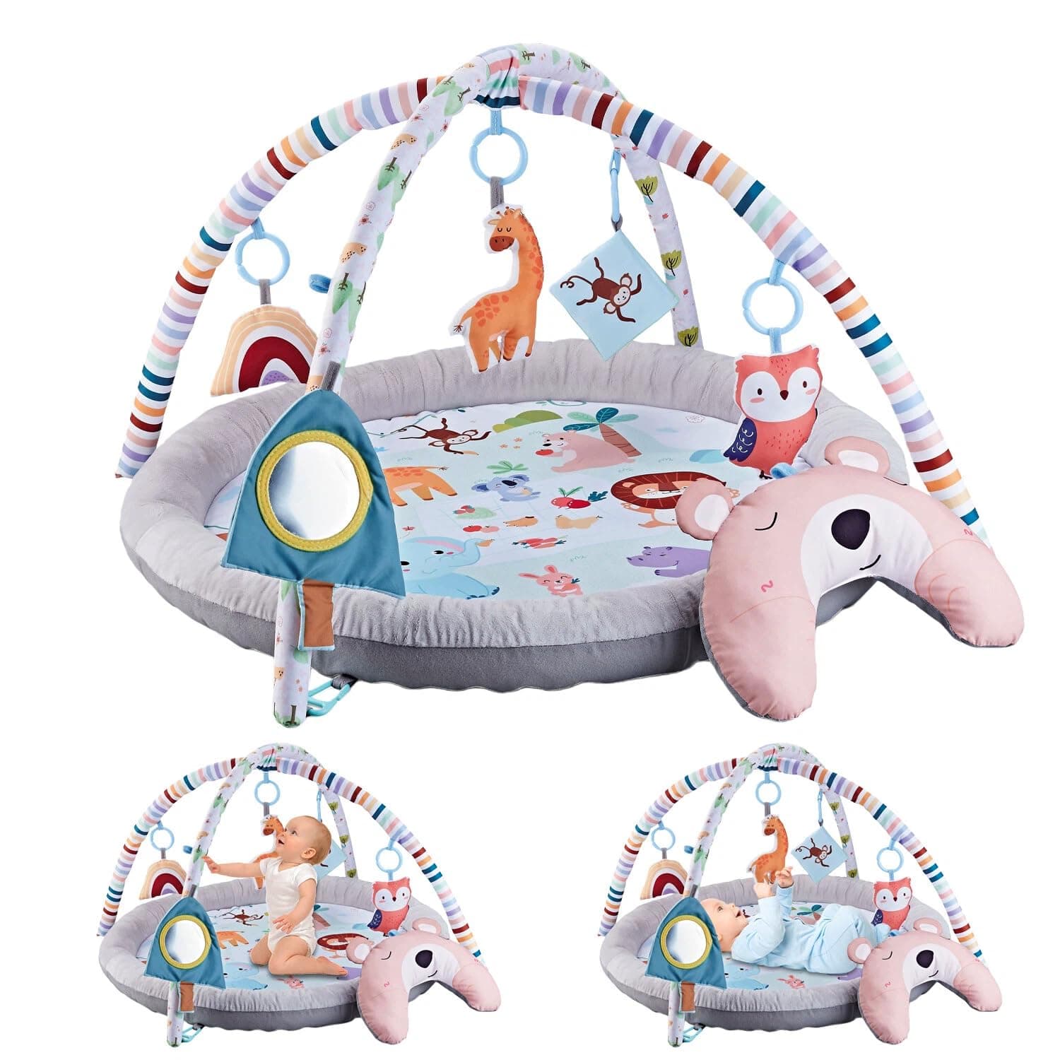BOOM Baby Activity Gym & Play Mat – Extra Large 88cm (35") Round Foldable Zoo Theme, 6 Detachable Toys, 51cm (20") High Arch – Soft Washable Tummy Time Mat for Newborns 0-18 Months