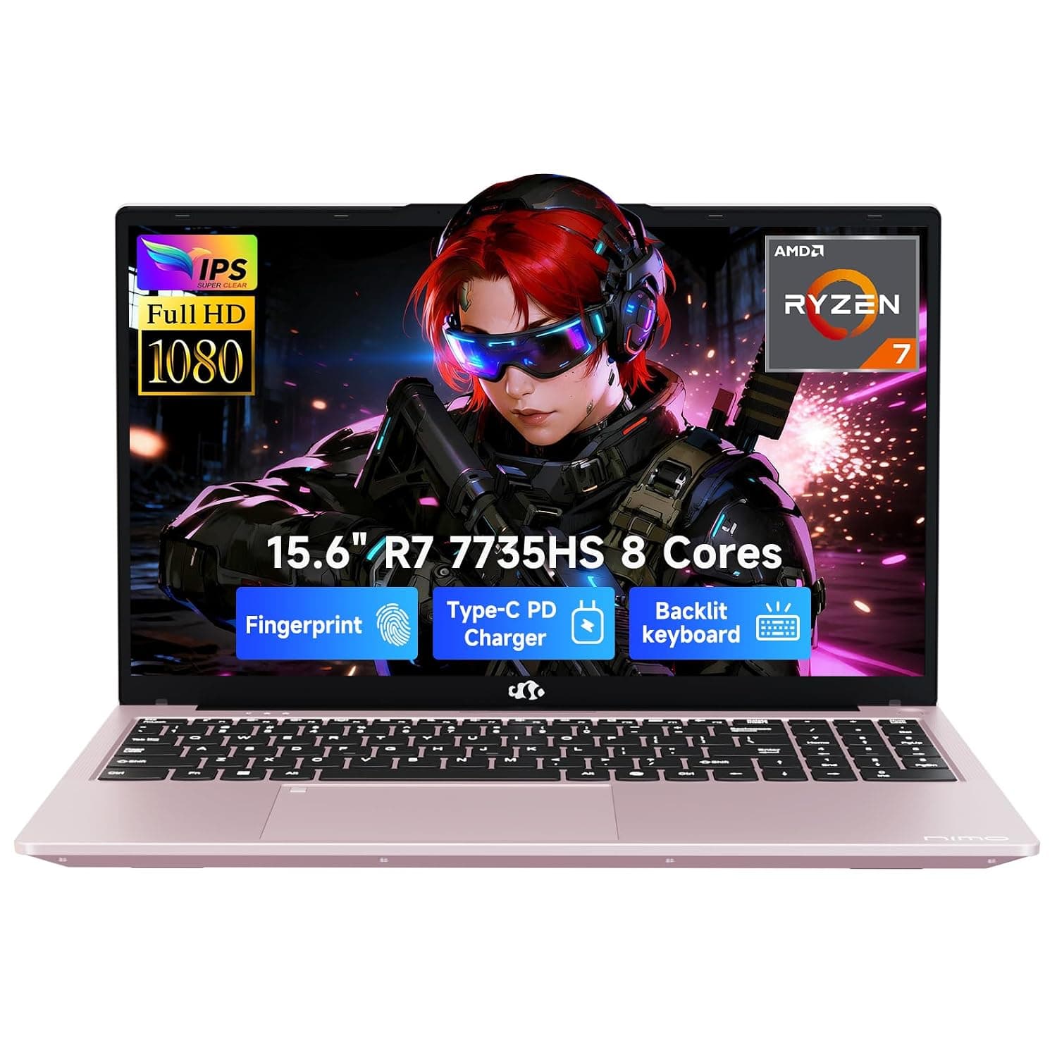 NIMO 15.6" IPS FHD Gaming Laptop, 8 Cores Ryzen 7 7735HS 16GB DDR5 RAM 512GB SSD (Beats i7-12650H, Up to 4.75GHz) Computer with Radeon 680M 100W Type-C Backlit Keyboard Fingerprint Unlock