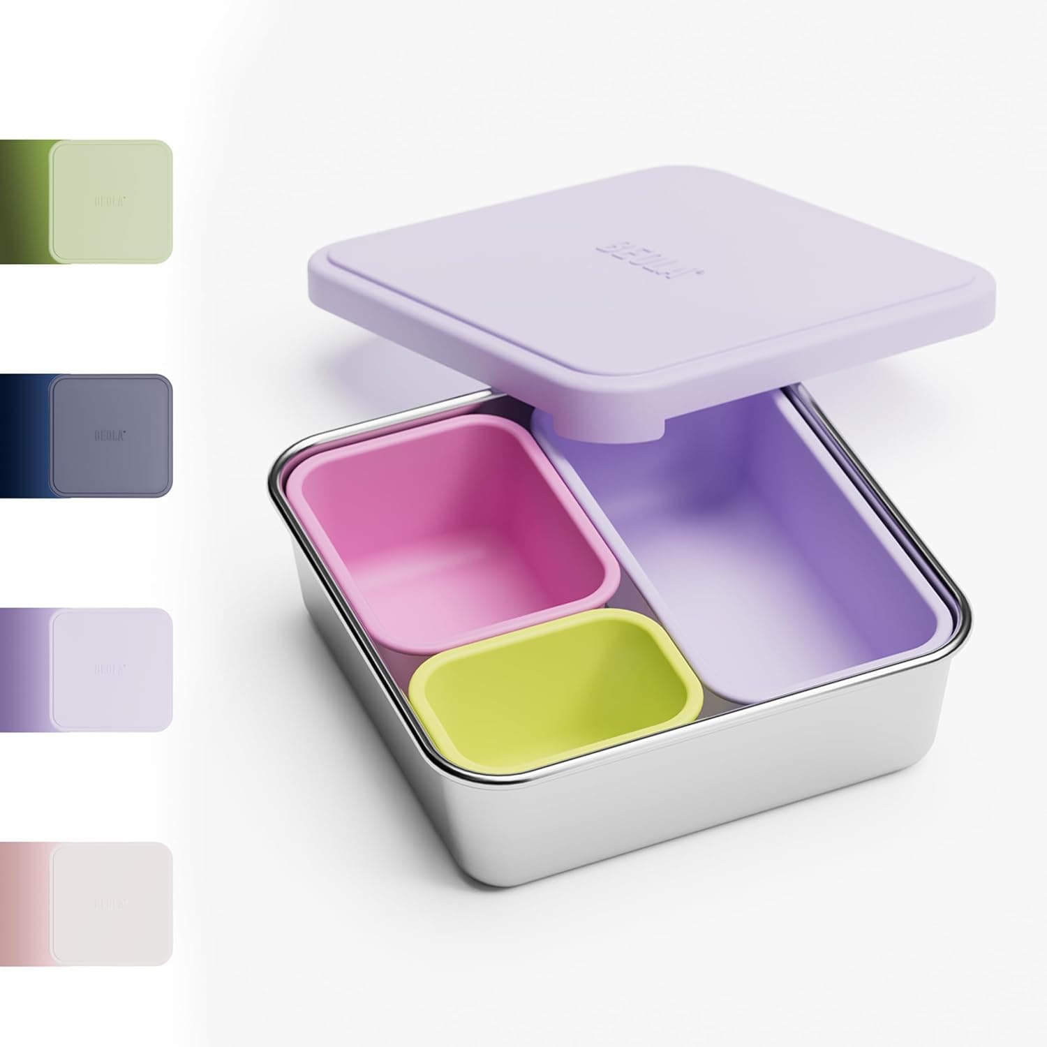 BEOLA Stainless Steel Snack Box, 3 Silicone Compartments, BPA Free, Leakproof Bento Box Snack Container f, Ideal for School, Picnic & Everyday Use (Purple)