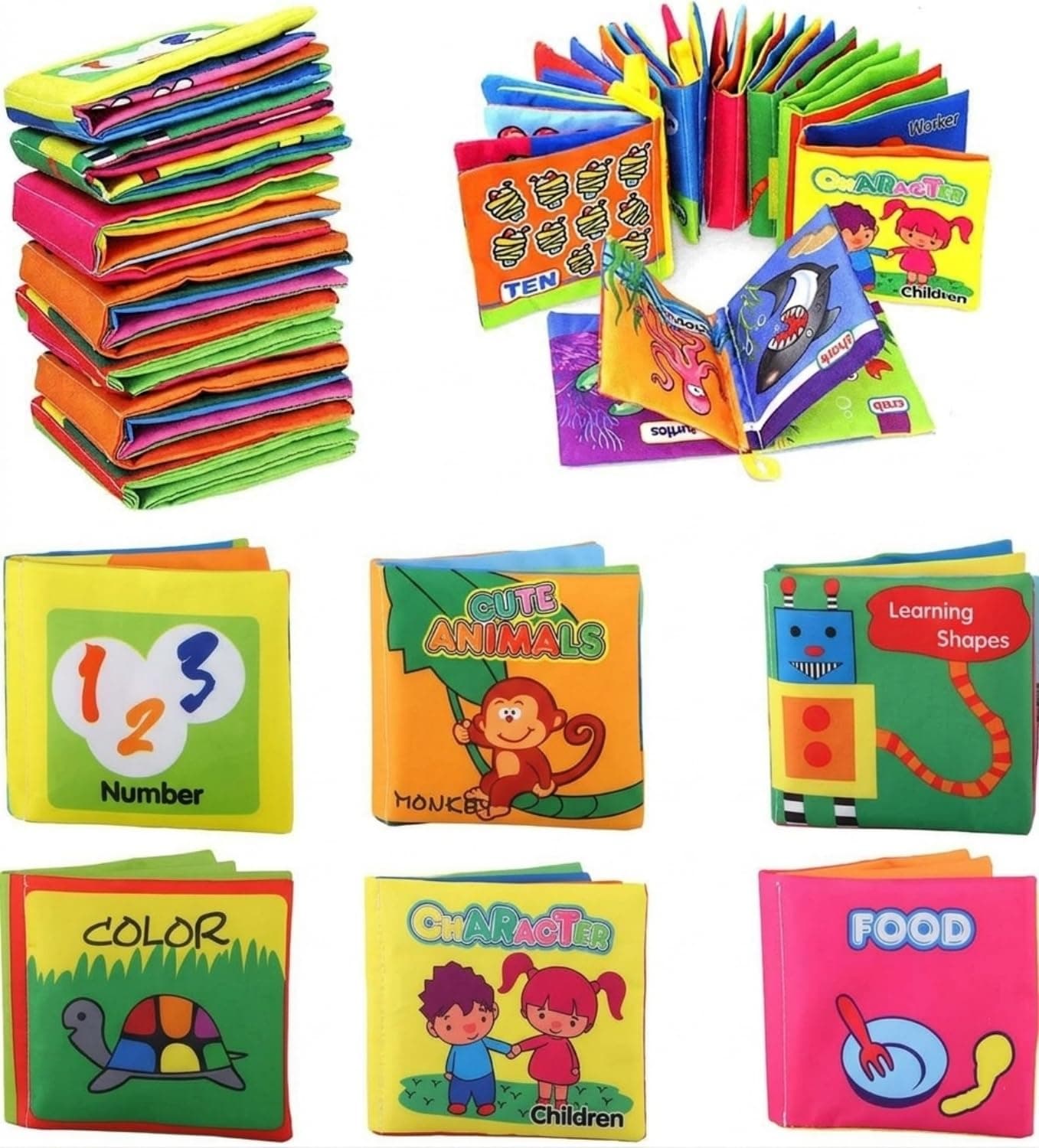 Mumoobear Infant Touch And Feel Soft Cloth Book Set For 0-6 Months Squeak, Rattle, Crinkle - Pack Of 6