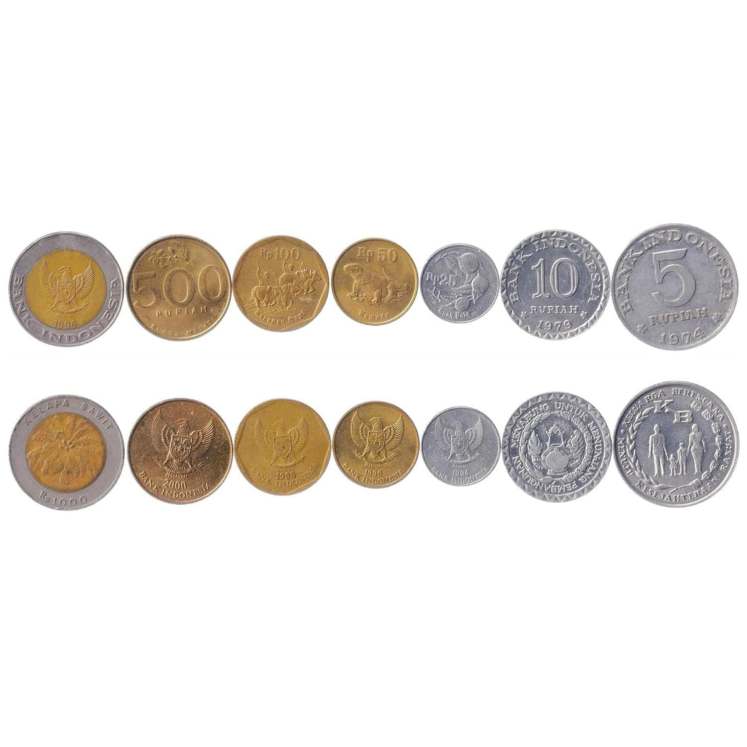 7 Coins from Indonesia | Indonesian Coin Set Collection 5 10 25 50 100 500 1000 Rupiah | Circulated 1974-2003 | Nutmeg | Oil Palm | Jasmine | Bull | Komodo Dragon | Oil lamp | Garuda Pancasila