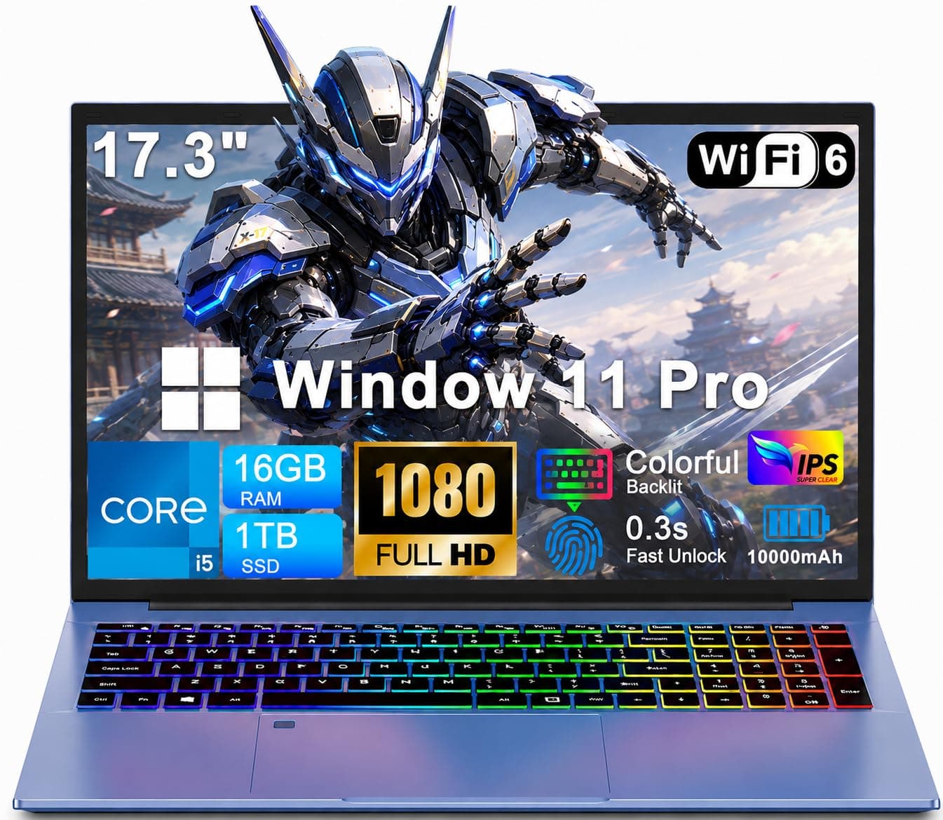 XNQ Laptop Computer, 17.3 Inch Gaming, Win 11 Pro Lap Top, Core i5 Turbo 3.80GHz, 16GB RAM 1TB SSD, 1TB TF Expand, 10000mAh Battery, WiFi6 BT5, 1080 FHD, Colorful Backlit, Fingerprint, 2MP Privacy Cam