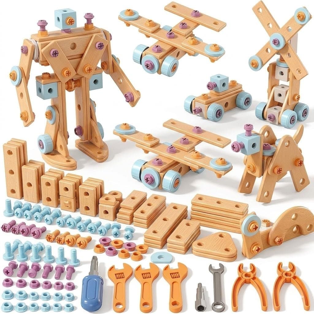 Wooden Building Toys 124 Pcs, STEM Tool Kit Set