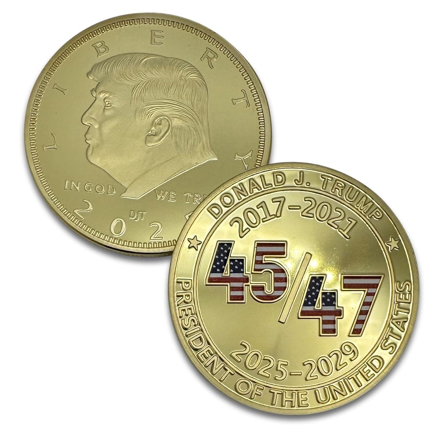 Donald Trump Collectible 45 47 Gold Challenge Coin 24kt Gold Plating with Colorized 45 47 with USA Colors - Large Size 45mm x 3mm with Protective case
