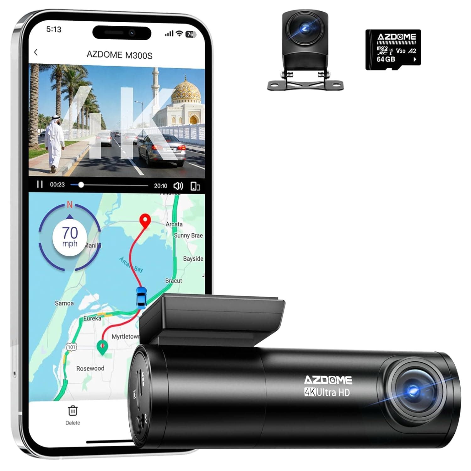 كاميرا القيادة AZDOME 4K أمامية وخلفية، WiFi 5GHz، GPS، كاميرا مزدوجة، تصميم صغير، مع بطاقة SD 64GB، وضع مراقبة 24 ساعة، رؤية ليلية، WDR، زاوية واسعة 170°، مستشعر G، تحكم عبر التطبيق، تدعم حتى 256GB.
