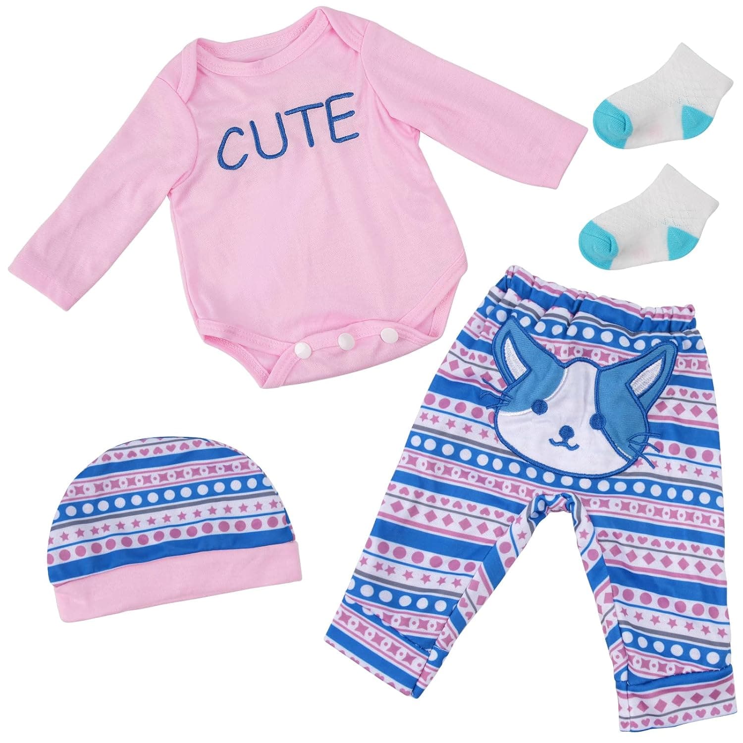 BABESIDE 4 Pcs Baby Doll Clothes Set for 17-22 Inch Reborn Baby Dolls, Cute Cat Pattern Baby Doll Pants and Baby Doll Outfits Accessories for Realistic Newborn Baby Dolls Girl, Pink