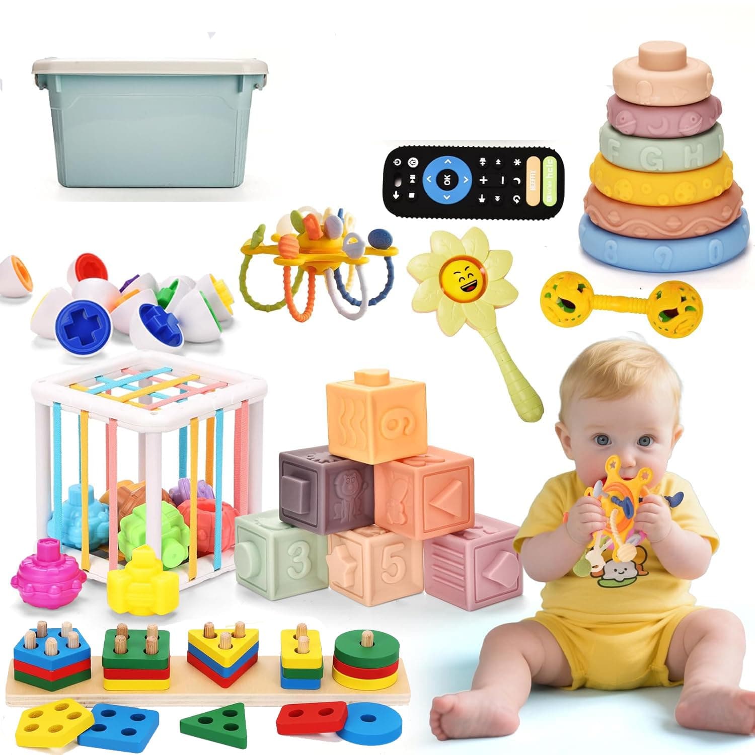 9-in-1 Baby Toys,Baby Toys 6 to 12 Months,Silicone Pull String Teething Toy,Soft Stacking Blocks Shape Sorter Sensory |Wooden Shape Sorter,Color Matching Toy,Educational Learning Gift for Toddlers(A)