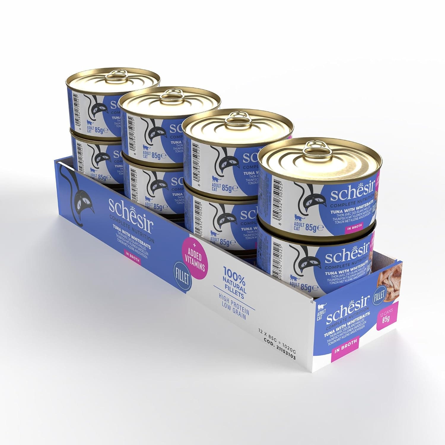 Schesir Complete & Balanced Nutrition Wet Cat Food in Broth Can- Tuna With Whitebait 85gx12