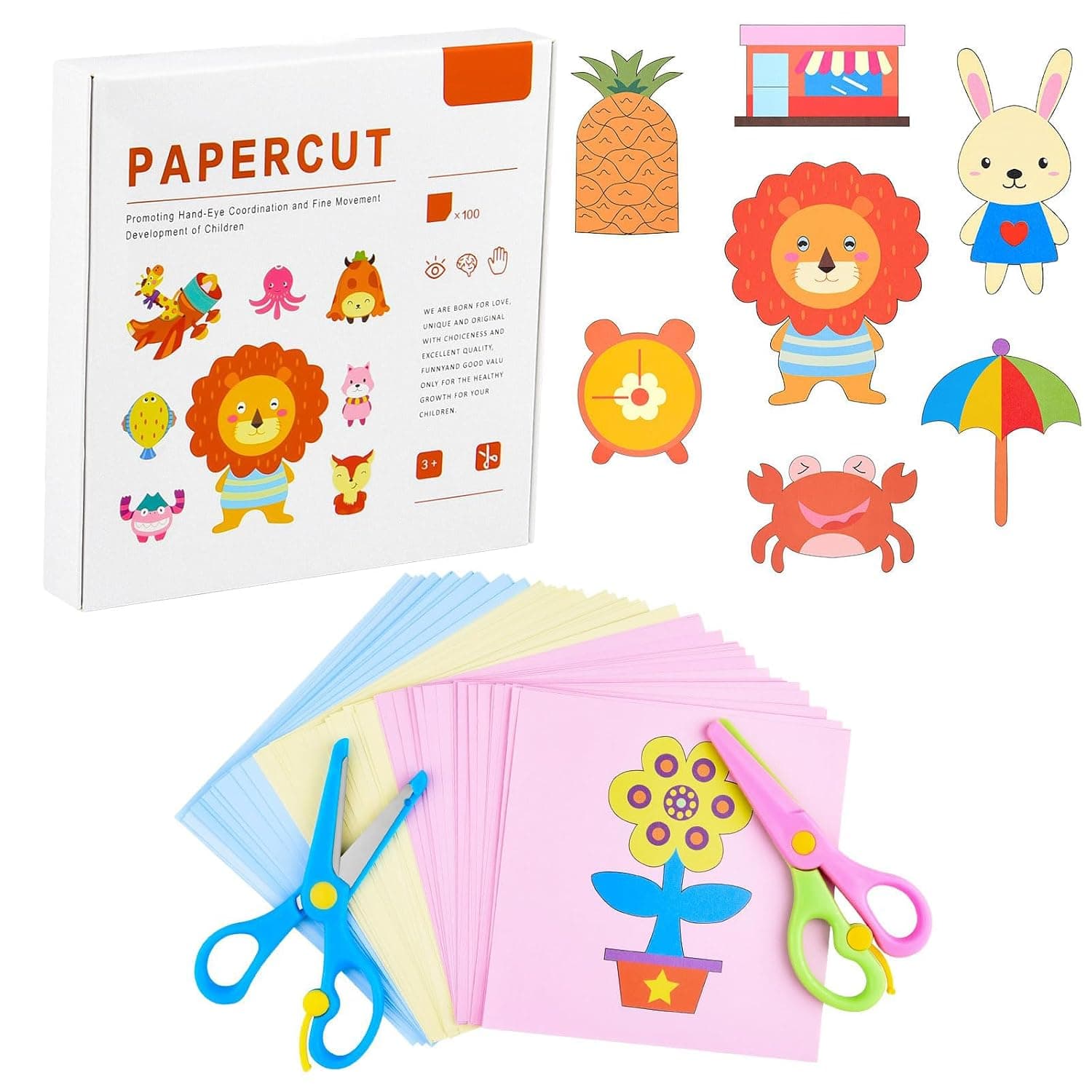 NALACAL 2 Kids Safety Scissors with 100 Pcs Paper Cutting, for Paper Craft Supplies, Kids Preschool Training Scissors, Art Craft Plastic Scissors for School Supplies and Scrapbooking Supplies