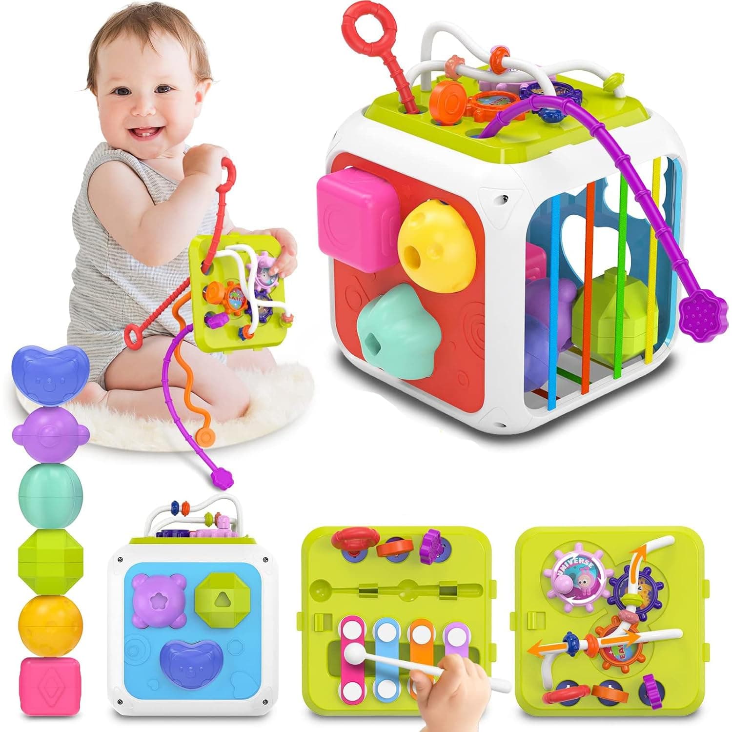 Montessori Toys for 18Months Old Girls Boys, Baby Sorter Learning Sensory Activity Cube,Old Girl Boy Birthday Gifts, Baby Toys 18+ Months