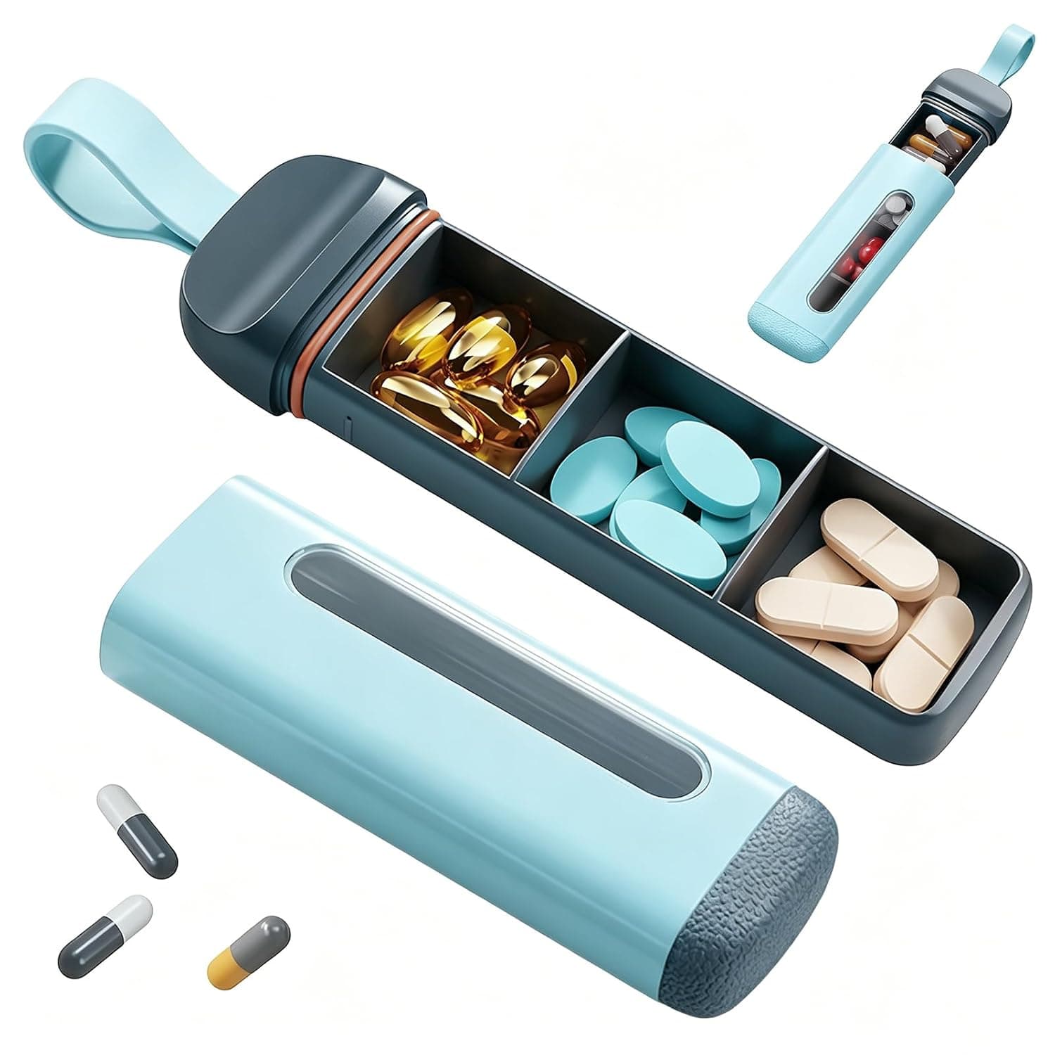 Portable Pill Organizer,Mini Travel Pill Case 3 Compartment, Airtight Food Grade ABS Pill Organizer, travel pill case for Tablets Vitamins Cod Liver Oil Supplements, Medication