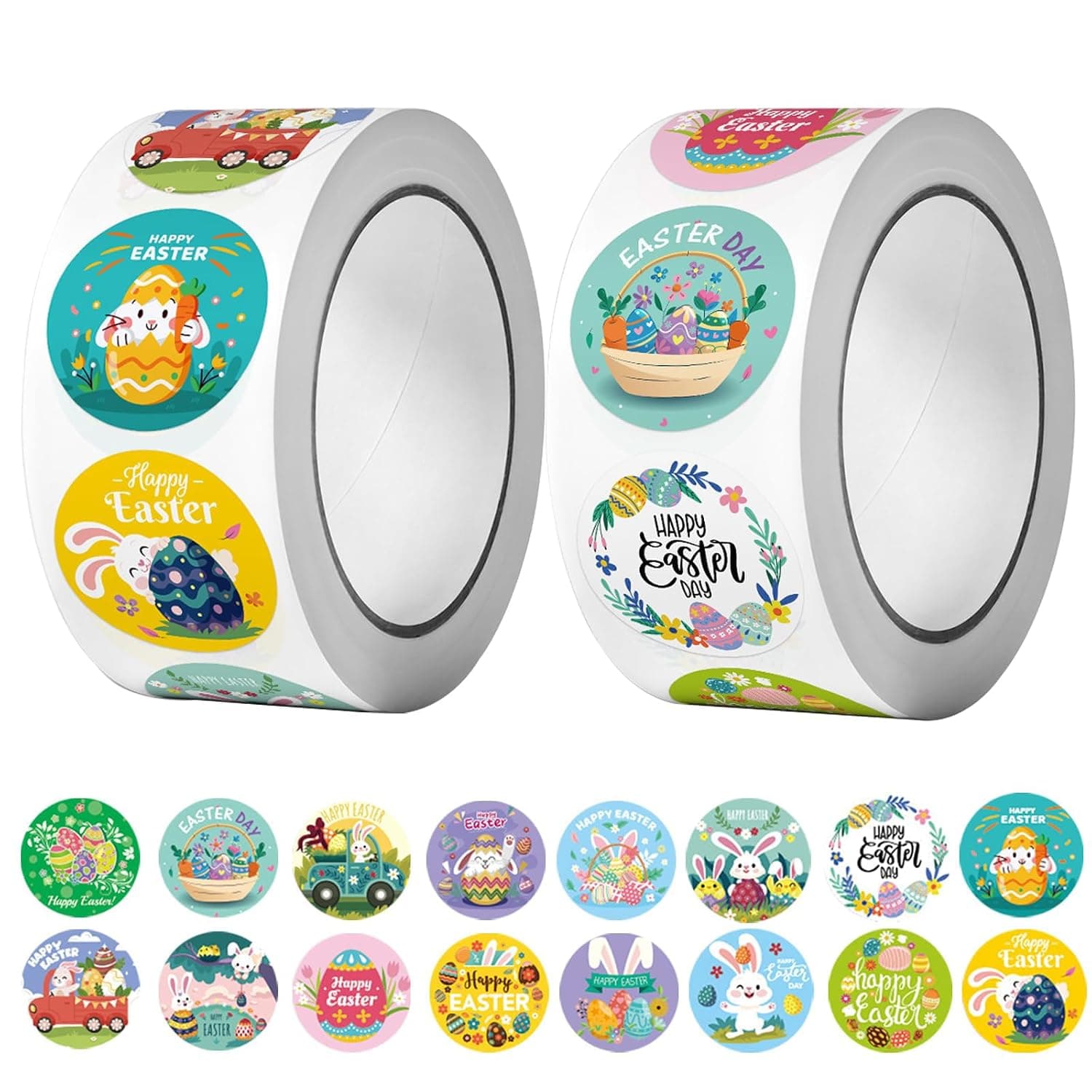 Easter Stickers Roll Colorful Easter Gift Tags stickers Cute Bunny in Egg and Basket Patterns Adhesive Round Stickers Labels Roll for Gifts Wrapping for Classroom Reward and Home Party Easter Decorati