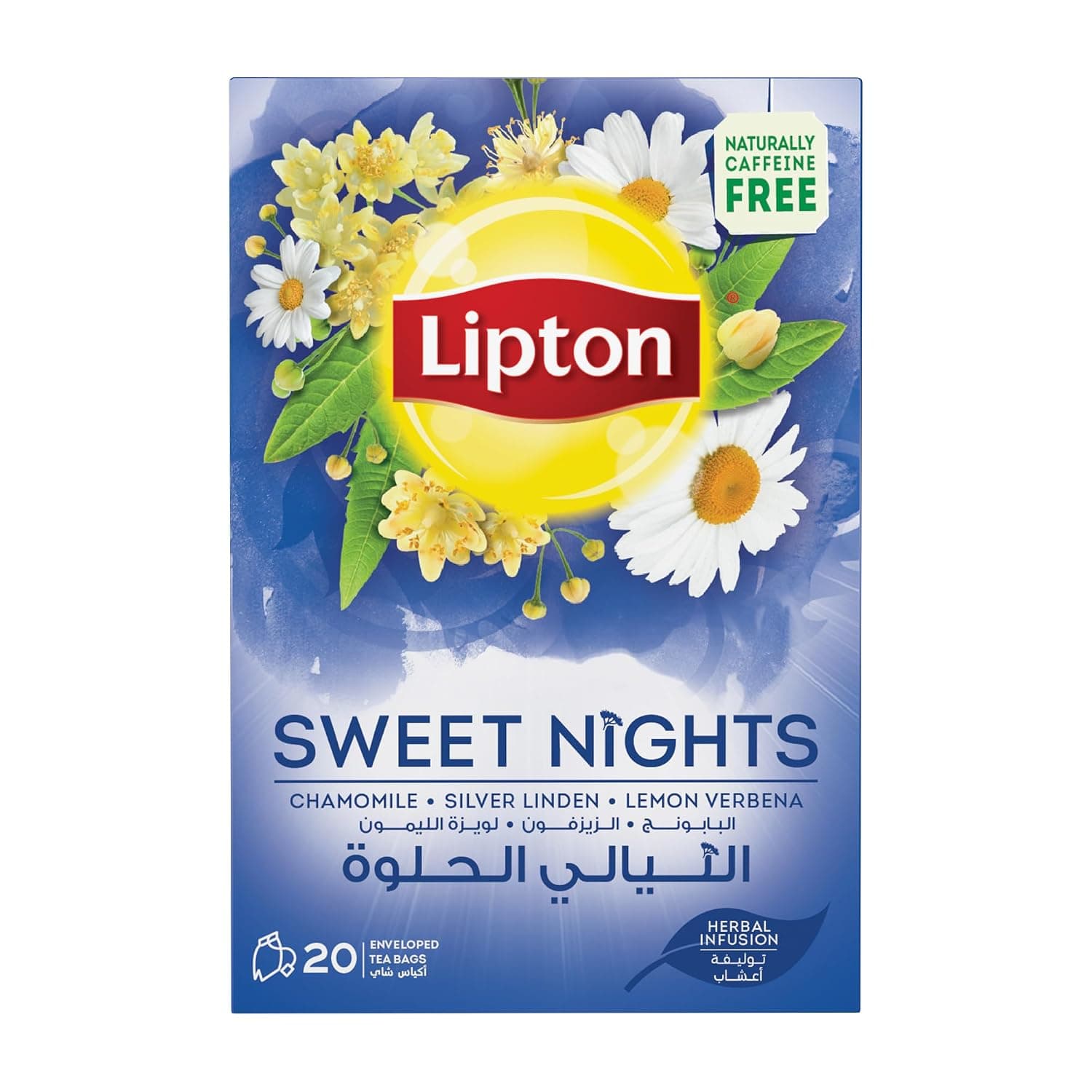 Lipton Tea Herbal Infusion, Sweet Nights Tea, 20 Lipton Tea Bags, Naturally Caffeine Free, Ease into Sleep, Leaves, Chamomile, Silver Linden, and Lemon Verbena