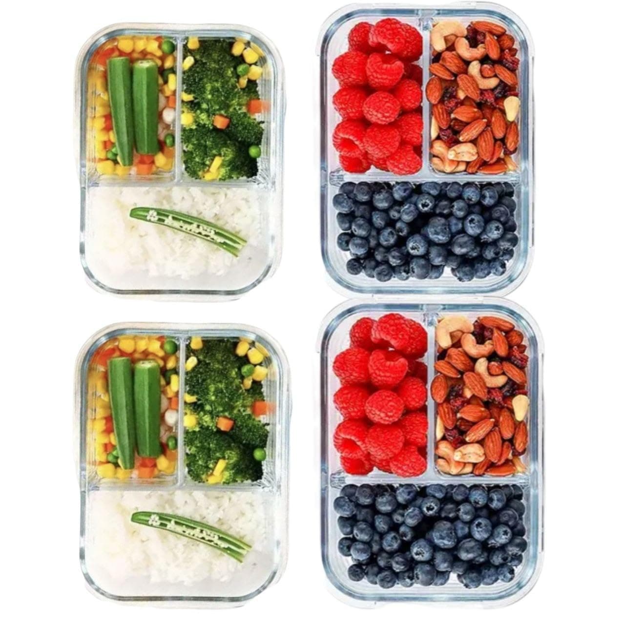 k R M Glass Meal Prep Containers, oz 36, Food Storage Containers with Lids Safe, Microwave, Freezer, Oven, Leak Proof (4 Pack in 3 Sections)