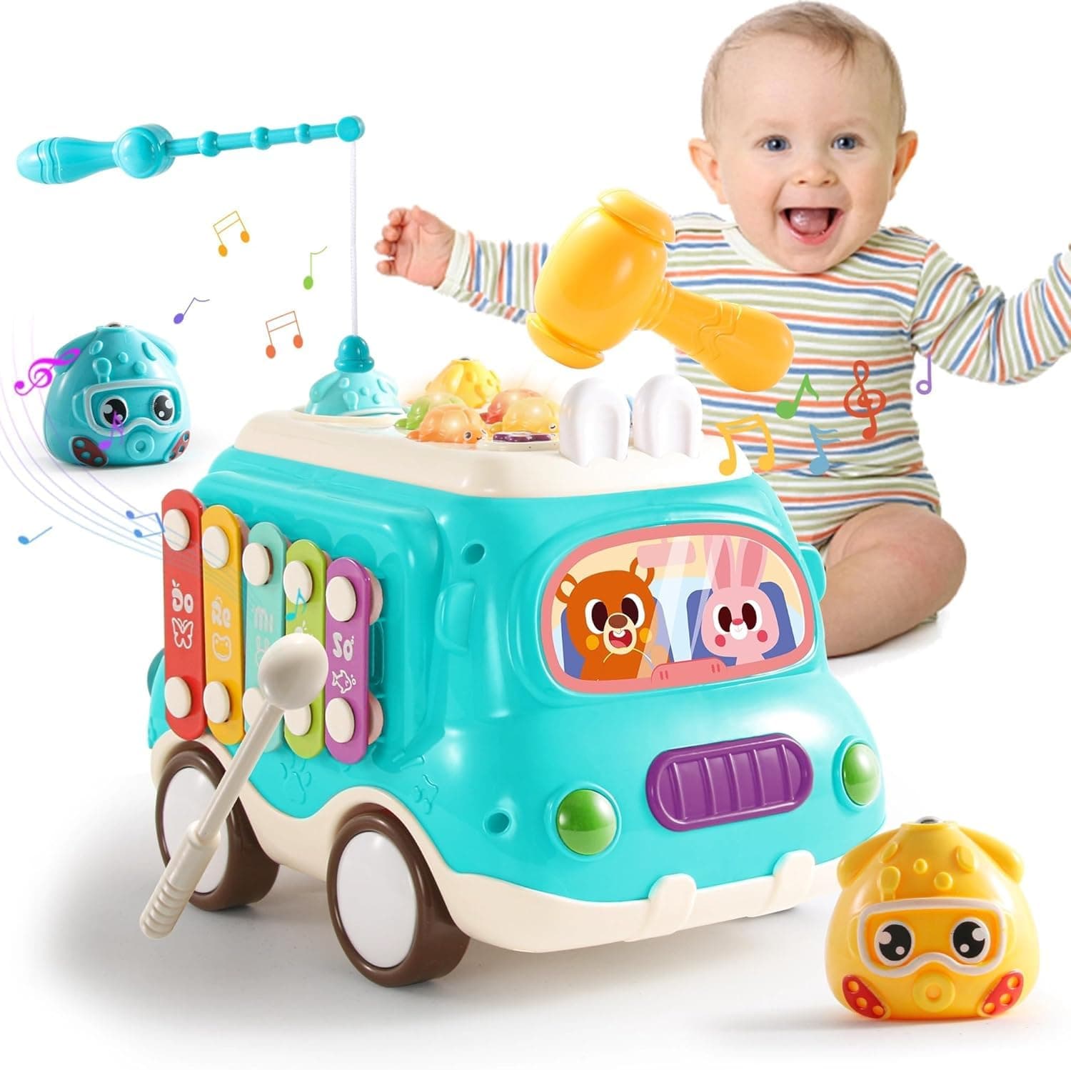 Baby Toy for 18M+ Old, Early Learning Montessori Toy, Multi-function Educational Busy Center, Musical Bus Baby Toys Christmas Birthday Gifts,Blue