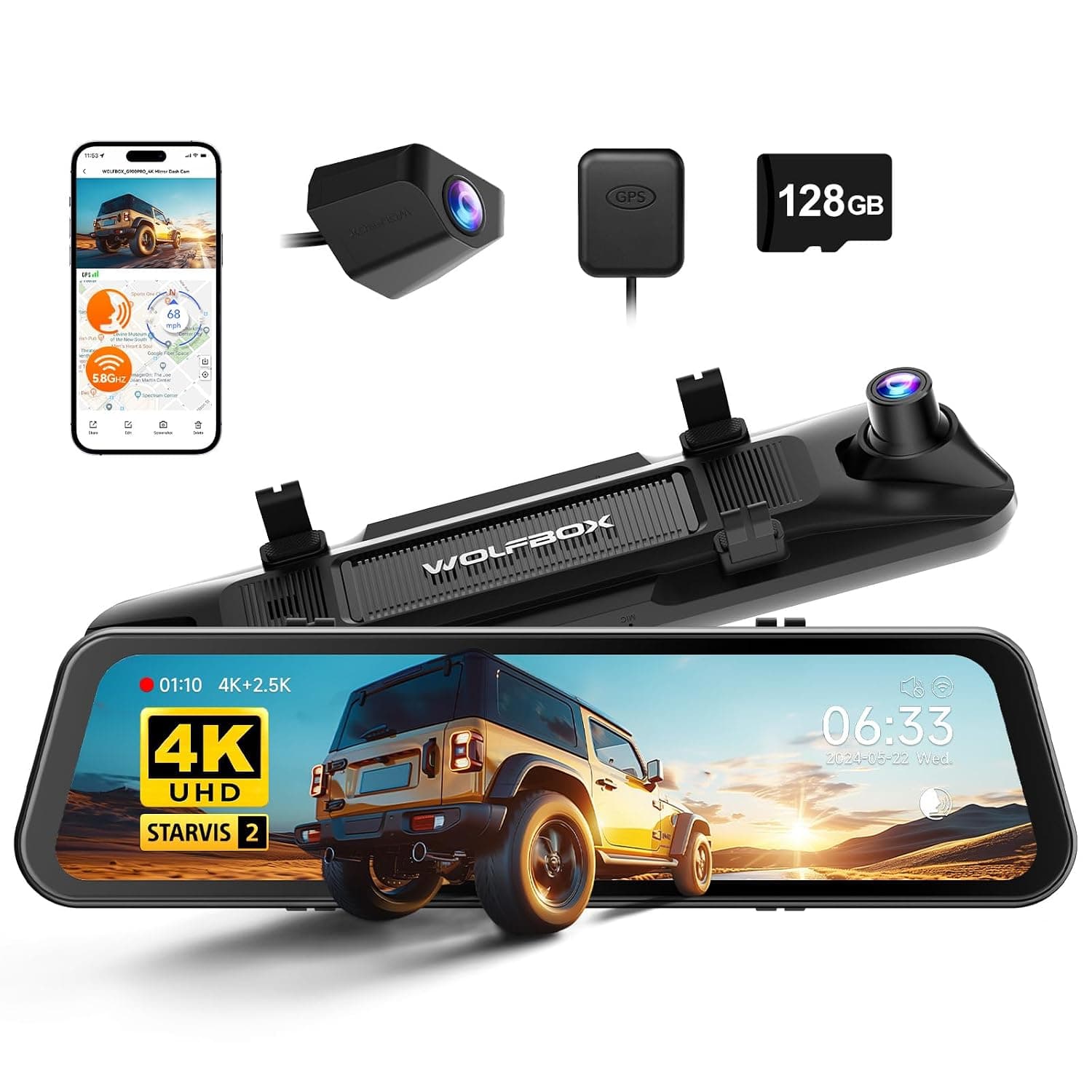 WOLFBOX G900 PRO Mirror Dash Cam with STARVIS 2 IMX678 features a 12-inch mirror, 4K front and 2.5K rear recording. Includes 128GB card, voice control, 5.8GHz WiFi, loop recording, G-sensor, and GPS