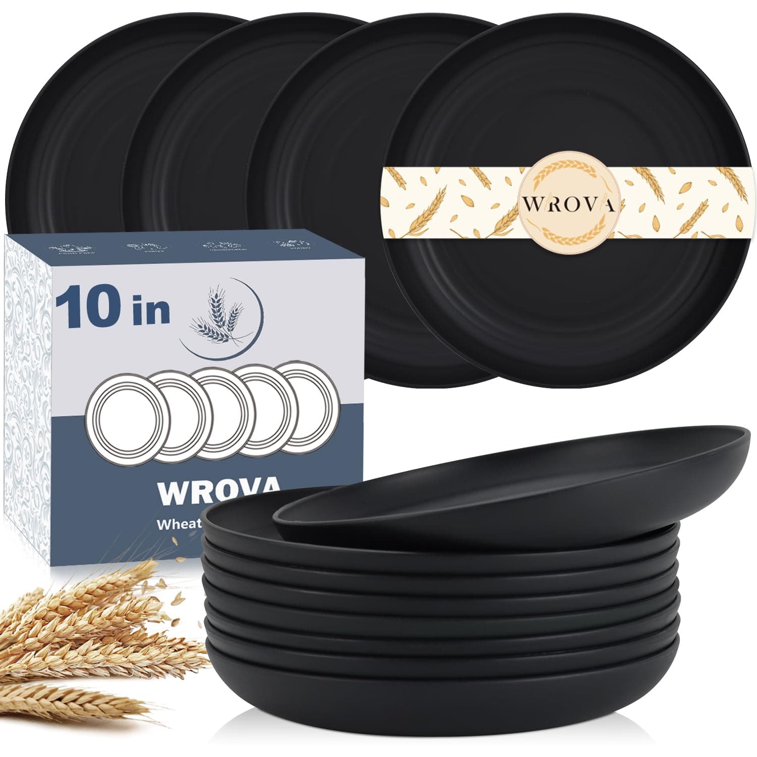 Wrova Wheat Straw Plates - 10 Inch Unbreakable Dinner Plates Set of 8 - Dishwasher & Microwave Safe Plastic Plates Reusable - Lightweight Plates for kitchen, camping (Pure Black) (p-20)