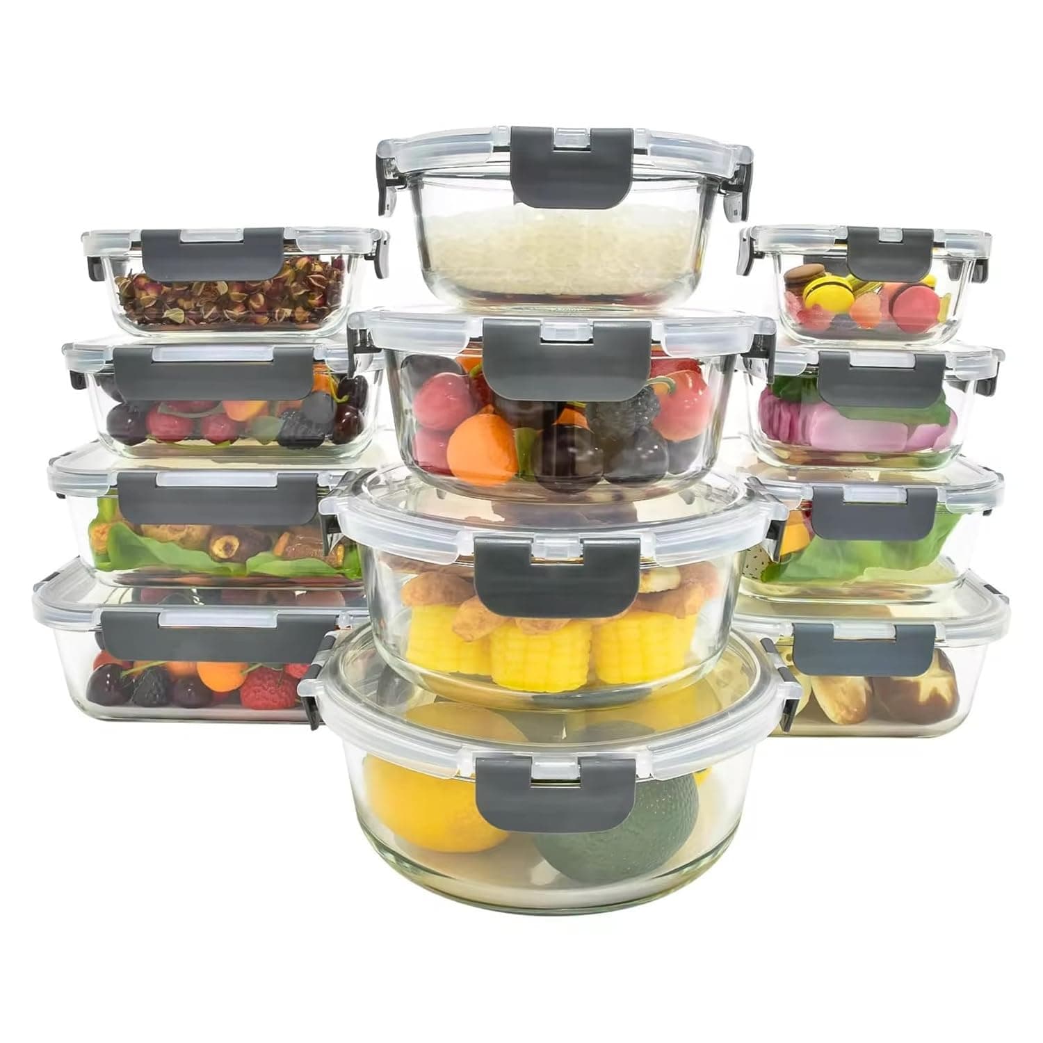 12 Packs Glass Food Storage Containers Set, Glass Meal Prep Containers Set with Snap Locking Lids, Microwave, Oven, Freezer and Dishwasher Safe (Gray)