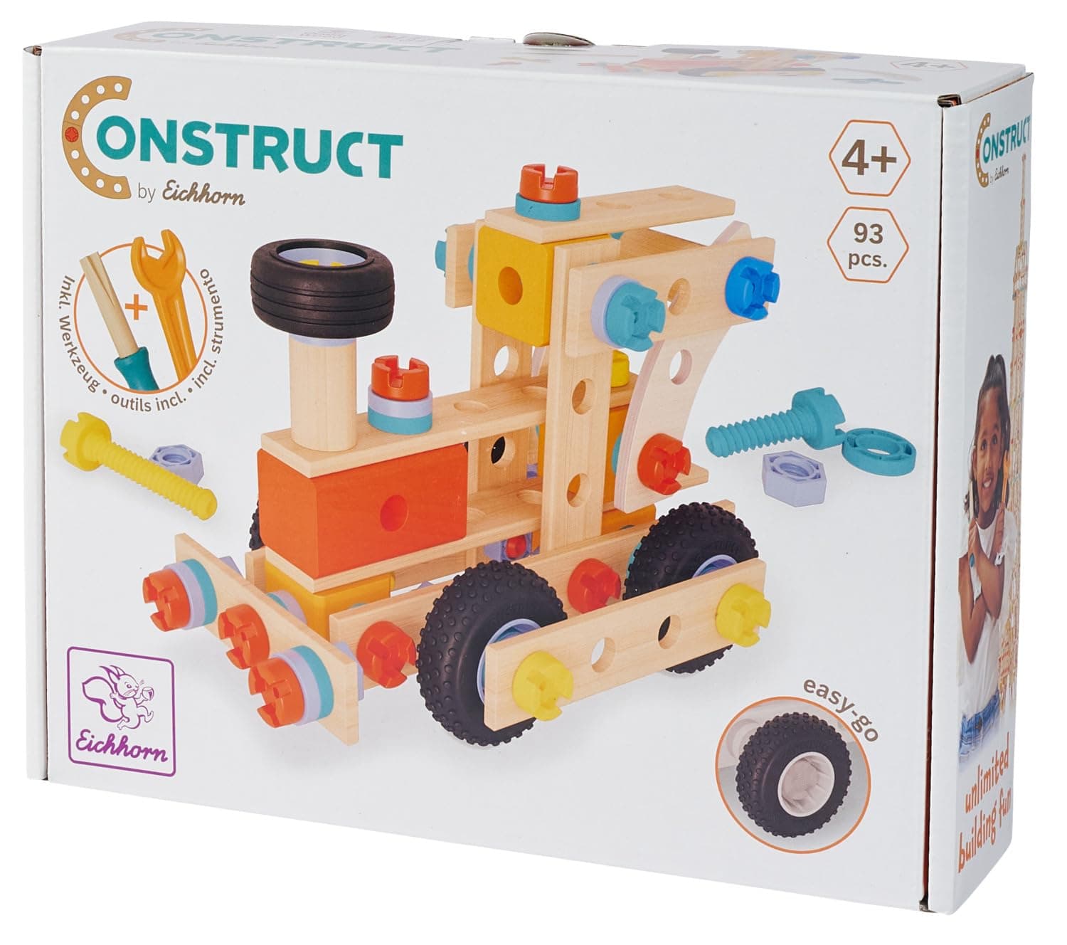 Eichhorn Construct Locomotive - 93 Piece Construction Toy with Rotating Wheels and Chimney to Promote Motor Skills and Creativity, FSC Certified Wood, Combinable, from 4 Years