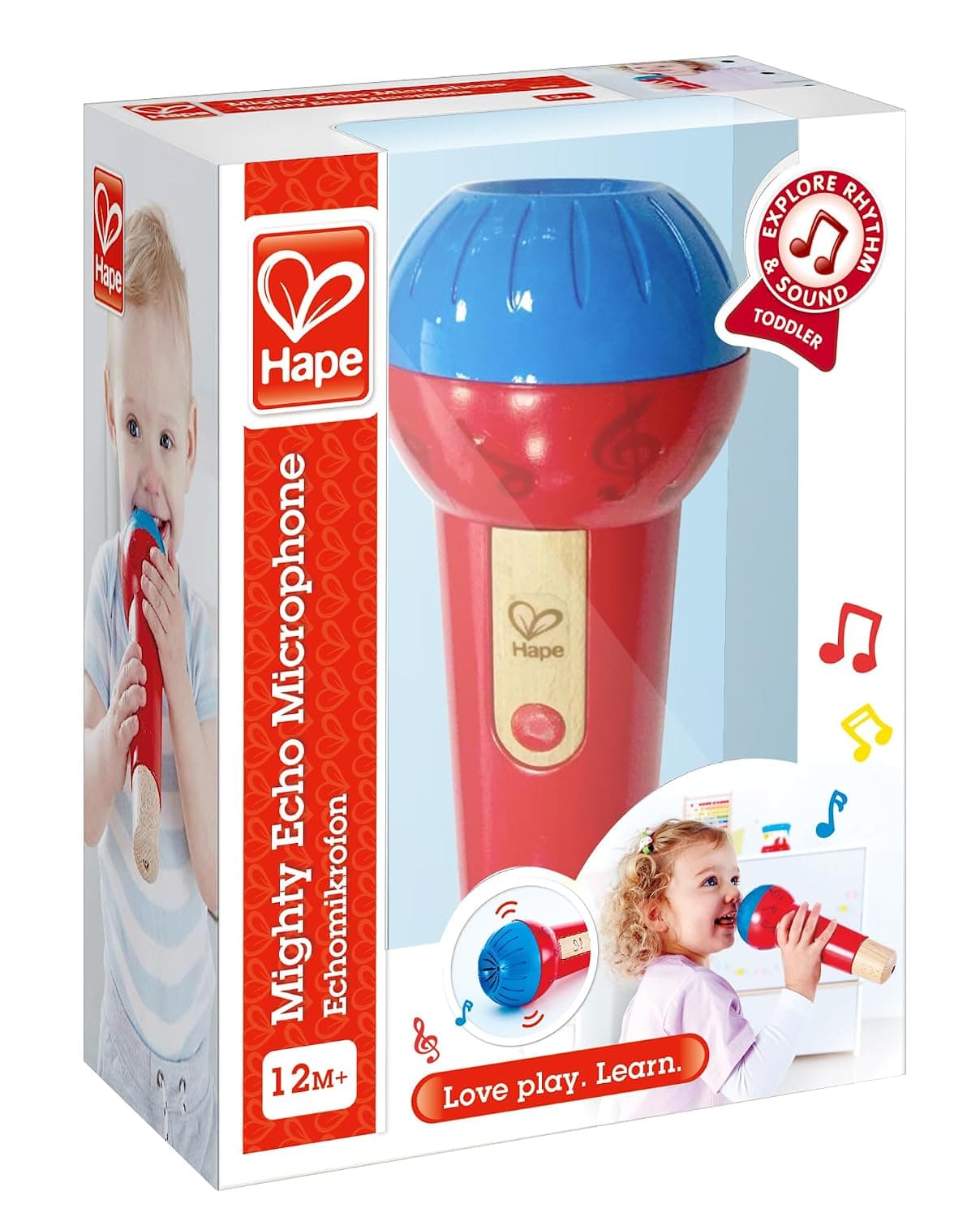 Hape Mighty Echo Microphone | Battery-Free Voice Amplifying Microphone Toy for Kids 1 Year & Up, Red, Model Number: E0337, L: 3.1, W: 3.1, H: 8.6 inch
