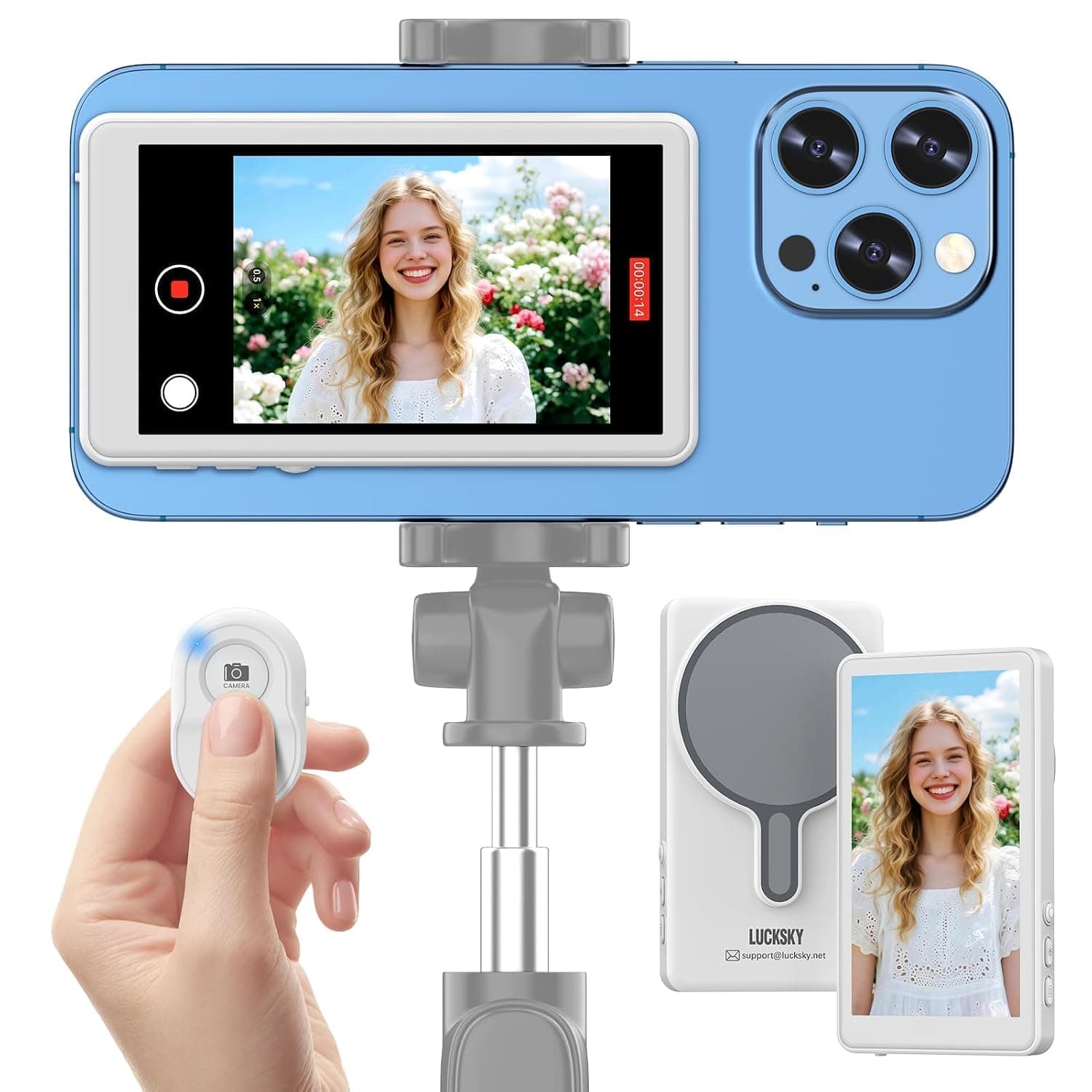 Vlog Selfie Monitor Screen iPhone, 4K 60fps Recording, Wireless Screen Mirroring with Remote Control, Magnetic Fixation, 180° Rotation, 3 Levels of Brightness, Compatible with iPhone & Android