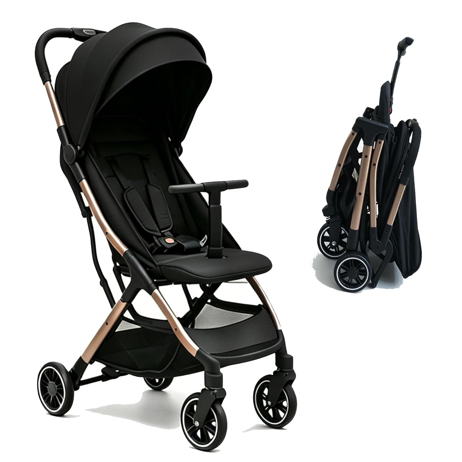 Cool Kids Superb Lightweight Travel Stroller, Auto Fold Buggy Rose Gold | Need an airplane approved toddler stroller? Slide folded rose gold pram like rolling luggage through airport security.