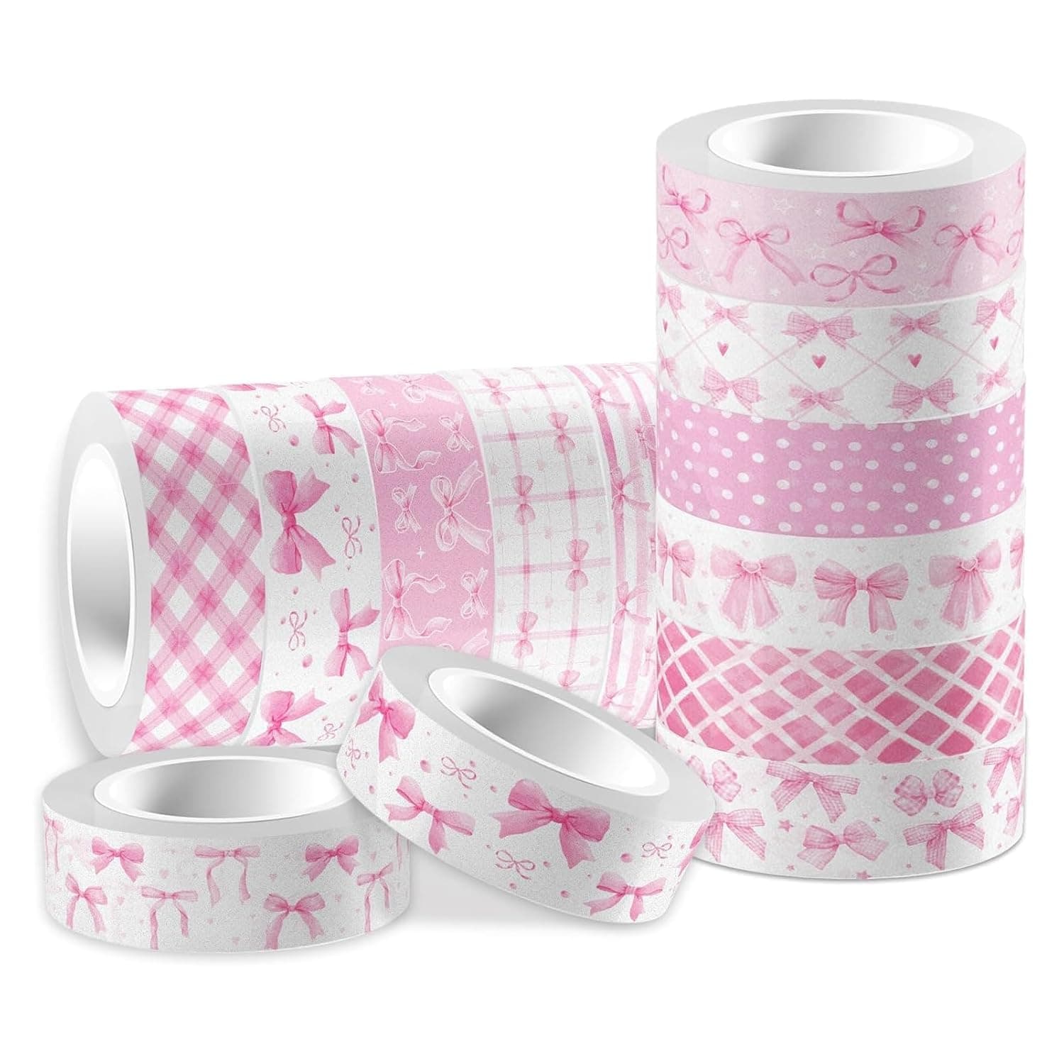 Wisfunlly 12 Rolls Pink Bow Washi Tape, Bowknot Plaid Adhesive Masking Tapes Decorative Pink Bows Pattern Paper Tape for Scrapbook Journal Planners DIY Art Crafts Gift Wrapping (0.59inch X16.4ft)
