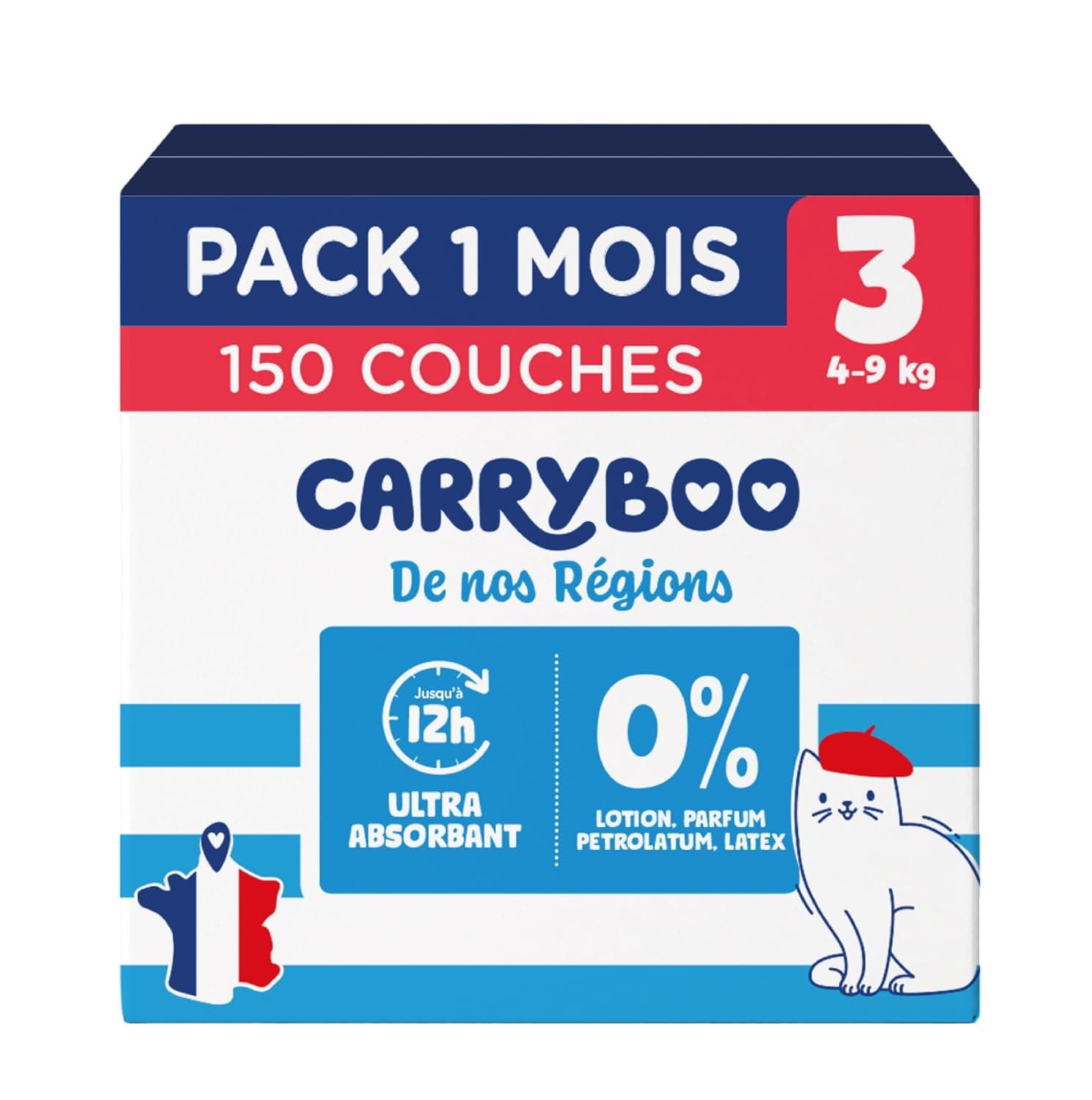 Carryboo De nos Regions - Size 3 Nappies 4-9 kg - Disposable Nappies from France - Baby Care - Local and Environmentally Friendly - Natural Composition - Affordable Price - 150 Items - 1 Month