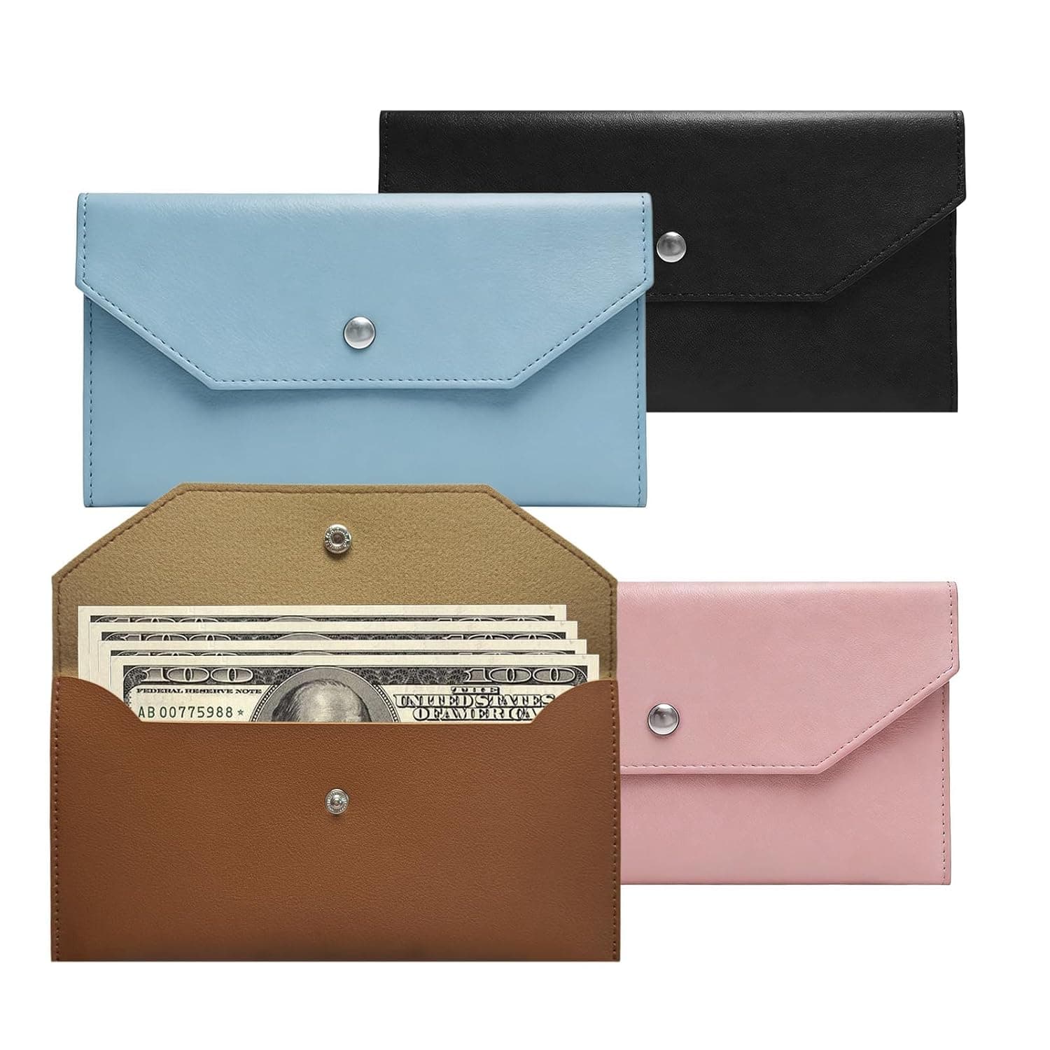 4 Pack Cash Envelope Leather Wallet, PU Money Purse for Cash Budgeting, Reusable Snap Closure Money Organizer Pouch Receipt Wallet for Women Men
